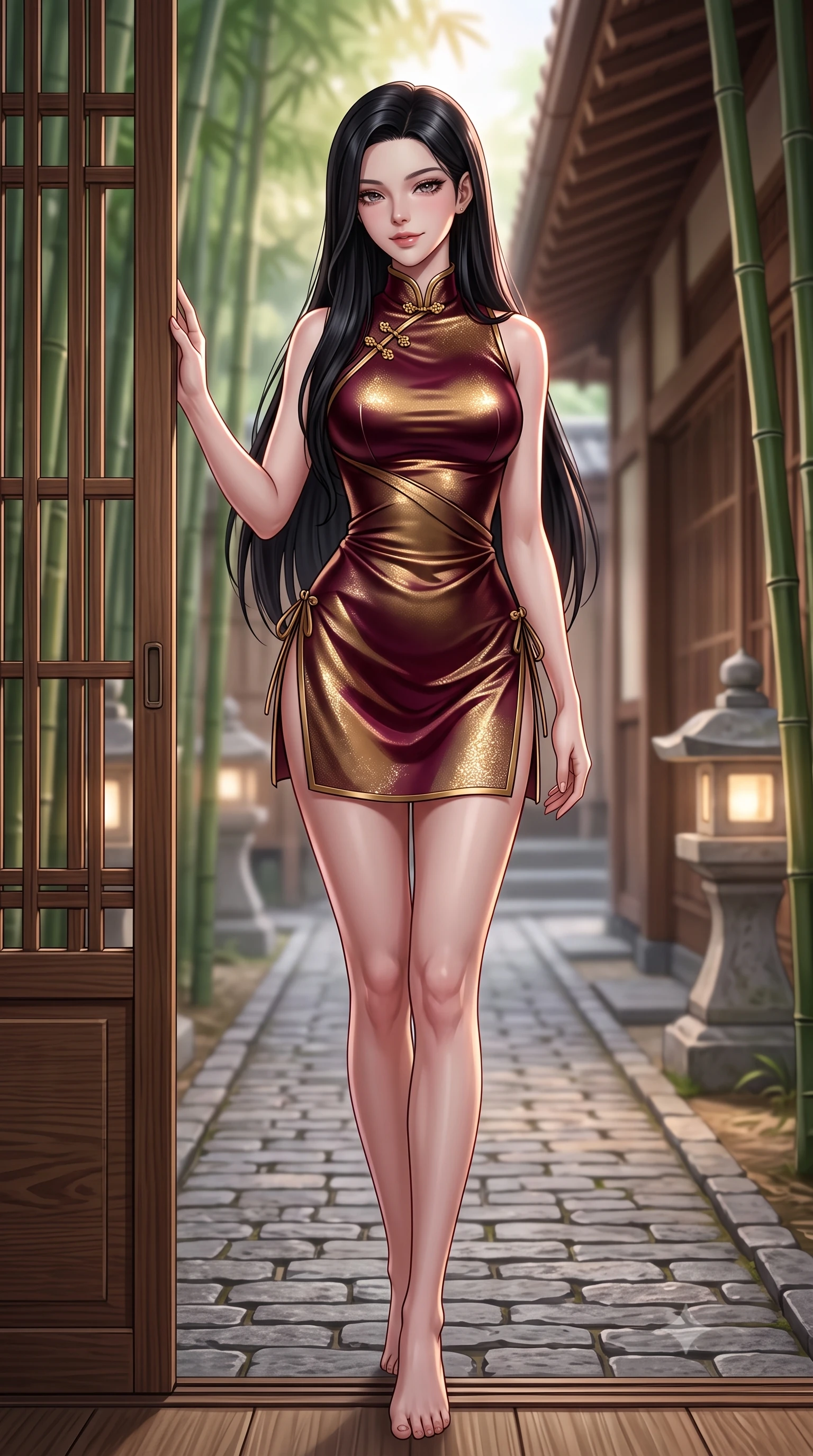 score_9, masterpiece, best quality, ultra-detailed, high-budget anime keyframe, semi-realistic 3D game render, editorial fashion photography, tasteful artistic composition, Korean woman. low angle full-body shot from head to toe showing her feet, filling the entire 9:16 vertical frame with her statuesque presence, stretching her vertical silhouette. walking slowly through the bamboo pathway, looking back over her shoulder with an air of effortless oriental grace and an alluring, smoldering smile while leaning against the cedar sliding doorframe with hips cocked back, looking over her shoulder with an alluring, nostalgic bedroom-gaze. The background shows a soft-focus quiet cobblestone alleys and traditional wooden eaves softened in nostalgic Tokyo spring shallow focus. She has an absolutely perfect, statuesque 8.5-heads proportion, an exceptionally tall and slender model-like female figure with impossibly long slender legs, an ultra-slim waist, a flat toned midriff, narrow delicate ribcage, and beautifully sculpted feminine hips creating a graceful, slim hourglass silhouette without any bulky heaviness. sharp v-shaped jawline, high-bridge nose, intricate jewel-like dark sparkling almond eyes with depth, thick lashes, glossy parted lips with a natural rose-plum sheen, bright alluring and coquettish smile with bedroom-eyes, exuding both timeless oriental elegance and sovereign high-fashion allure, flawlessly proportioned anatomical accuracy, strict slender model proportions, natural body alignment, perfectly sculpted long slender limbs, ultra-slim waistline, clean dynamic posture without body distortion. wearing a form-contouring sleeveless turtleneck mini dress in liquid silk satin with subtle side hip ties and high slits in deep wine burgundy and brushed antique gold, woven from metallic gold and silver thread casting subtle starlight glints, accented with intricate gold frog buttons and a delicate mandarin collar, the high-waisted wrap tailoring accentuating her ultra-slim waistline and the enchanting curve of her feminine hips with alluring oriental charm. illuminated by garden stone lantern fills and sharp rose-gold rim lights sculpting her razor-sharp jawline, narrow waist, and curvy hips. highly saturated vibrant anime colors, detailed shading with soft gradients, rich glossy textures, high-contrast stereoscopic depth, volumetric dynamic lighting, master piece, 9:16 ratio