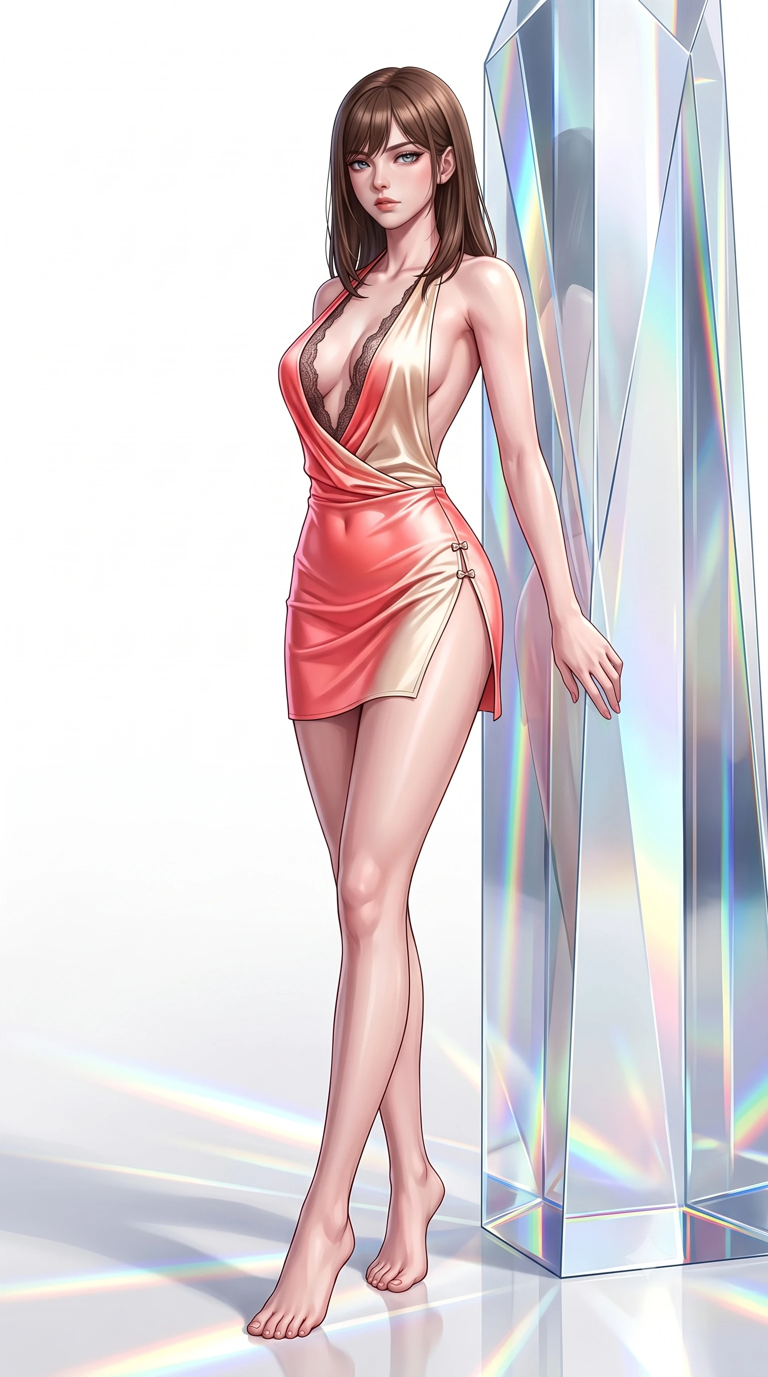 score_9, masterpiece, best quality, ultra-detailed, high-budget anime keyframe, semi-realistic 3D game render, editorial fashion photography, tasteful artistic composition, Korean woman. low angle full-body shot from head to toe showing her feet, filling the entire 9:16 vertical frame with her statuesque presence, stretching her vertical silhouette. pivoting dynamically in mid-motion with a breathtakingly alluring posture, displaying her flawless model proportions and ultra-slim waist while leaning against a towering optical crystal pillar with a haughty, smoldering gaze amidst pure white daylight. The surrounding environment is rendered in vivid detail and crisp panoramic clarity. razor-sharp optical crystal prism facets, distinct rainbow light band borders, and white gallery floor in deep focus. She has an absolutely perfect, statuesque 8.5-heads proportion, an exceptionally tall and slender model-like female figure with impossibly long slender legs, a toned flat midriff, and an ultra-slim waist. sharp v-shaped jawline, high-bridge nose, intricate jewel-like eyes with depth, thick eyelashes, glossy lips with a natural sheen, flawlessly proportioned anatomical accuracy, strict slender model proportions, natural body alignment, perfectly sculpted long slender limbs, ultra-slim waistline, clean dynamic posture without body distortion. wearing a form-contouring liquid satin halter-neck mini dress with a deep crossover cowl front, open back, and ultra-slender waist drape in radiant coral pink and champagne ivory, crafted from delicate dark lace interwoven with luminescent micro-fibers, finished with an ultra-high side slit secured by miniature magnetic clasps, the liquid-tight tailored fabric emphasizing every curve of her tall, slender model proportions and sculptured silhouette during dynamic movement. illuminated by high-contrast specular reflections on crystal and polished surfaces. highly saturated vibrant anime colors, detailed shading with soft gradients, rich glossy textures, high-contrast stereoscopic depth, volumetric dynamic lighting, master piece, 9:16 ratio