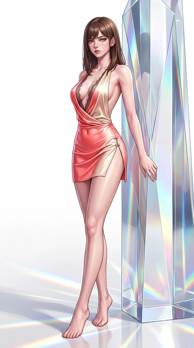 score_9, masterpiece, best quality, ultra-detailed, high-budget anime keyframe, semi-realistic 3D game render, editorial fashion photography, tasteful artistic composition, Korean woman. low angle full-body shot from head to toe showing her feet, fil