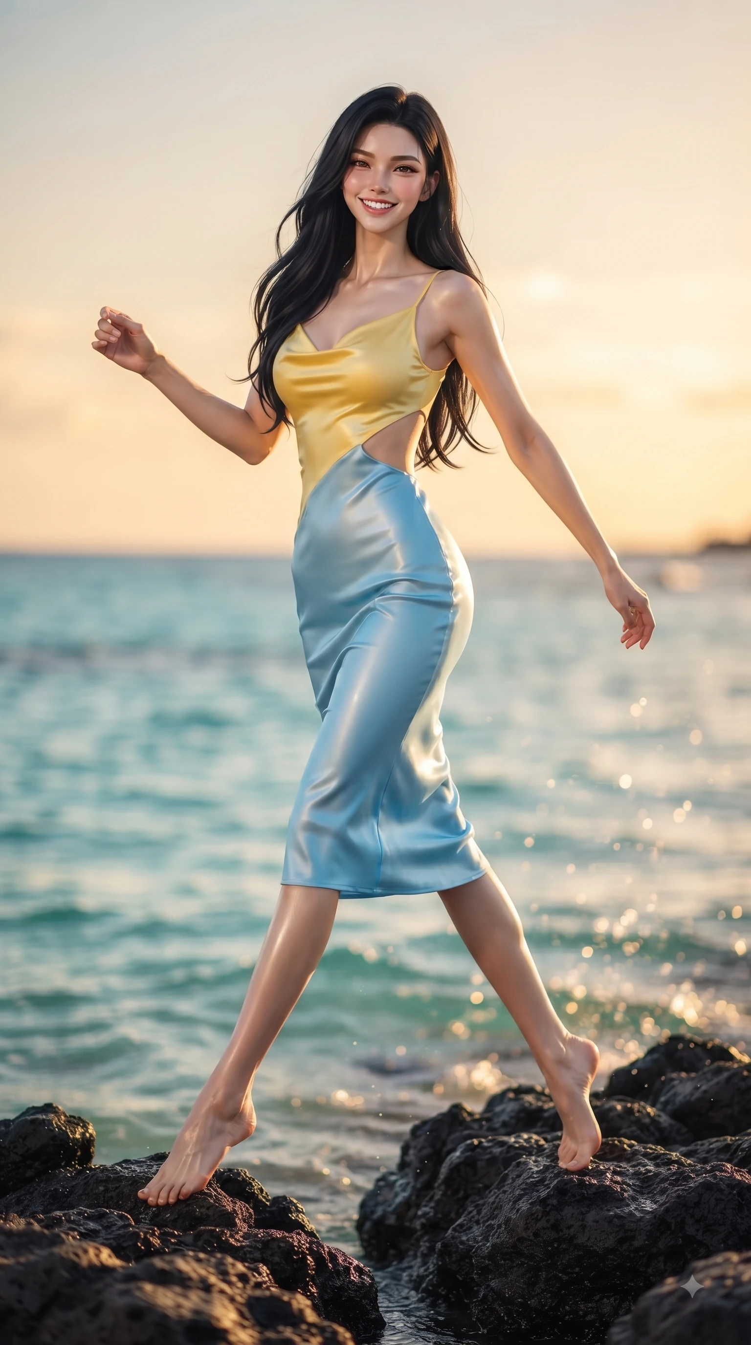 score_9, masterpiece, best quality, ultra-detailed, high-budget anime keyframe, editorial fashion photography, tasteful artistic composition, Korean woman. low angle full-body shot from head to toe showing her feet, filling the entire 9:16 vertical frame with her statuesque presence, stretching her vertical silhouette. leaping with pure youthful energy through the scene with a radiant bright smile, her long slender legs balanced gracefully while pivoting gracefully on dark volcanic basalt rocks as clear turquoise ocean waves lap nearby. The composition keeps background elements in soft focus with dreamy bokeh. warm tropical ocean light reflecting off water droplets blurred into a soft backdrop. She has an absolutely perfect, statuesque 8.5-heads proportion, an exceptionally tall and slender model-like female figure with impossibly long slender legs and an ultra-slim waist. sharp v-shaped jawline, high-bridge nose, intricate jewel-like eyes with depth, thick eyelashes, glossy lips with a natural sheen, flawlessly proportioned anatomical accuracy, natural body alignment, perfectly sculpted elegant limbs, clean dynamic posture without body distortion. wearing an elegant cowl-neck silk satin midi dress with a graceful draped neckline in sunny canary yellow and clear sky blue, tailored from fine wool crepe with clean lines, complemented by clean architectural cutouts along her slender torso, the tailored fabric tightly following every curve of her athletic build. illuminated by a glorious golden hour sunburst painting the sky in joyful amber and peach. ultra-reflective glossy finish, specular highlights, metallic sheen, high-contrast stereoscopic depth, volumetric dynamic lighting, 2k, ultra detail, master piece, 9:16 ratio