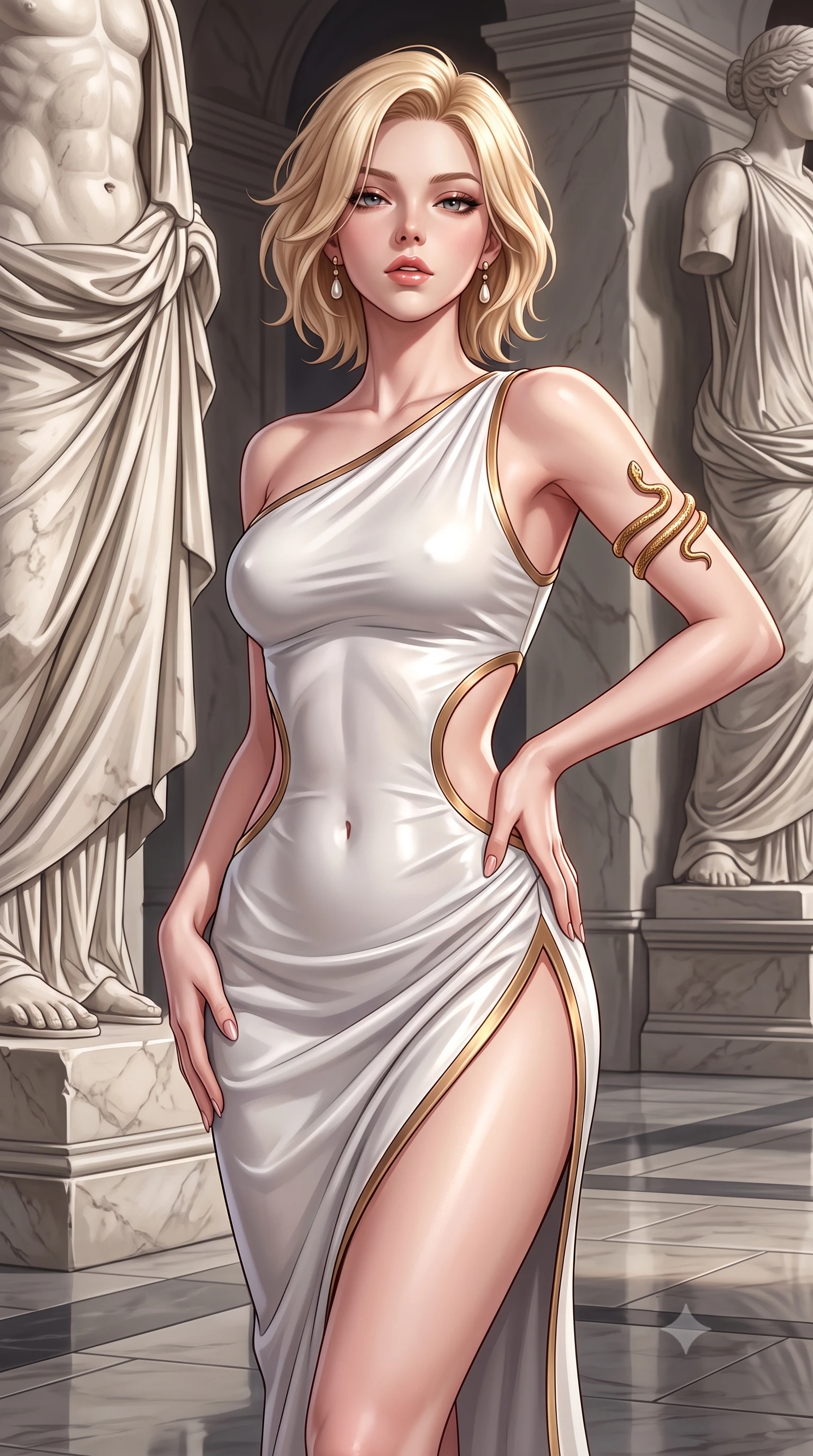 score_9, masterpiece, best quality, ultra-detailed, high-budget anime keyframe, semi-realistic 3D game render, editorial fashion photography, tasteful artistic composition, Caucasian woman. close-up cowboy shot from the waist and thighs up, the character dominates the composition, filling the frame with her large presence. resting one manicured hand delicately on her hip bone, her upper body turning in a fluid, seductive S-curve while parted lips glisten in the light while standing poised between colossal marble statues, one hand sliding along her hip line in pure sculptural supermodel grace. The surrounding environment is rendered in vivid detail and crisp panoramic clarity. sharp carved marble drapery folds, chisel mark textures, and polished stone floor reflections in deep focus. She has an exceptionally elegant, slender, and willowy female figure with an ultra-slim waist, a gracefully sculpted slender torso, toned flat midriff, and rounded feminine hips creating an alluring hourglass silhouette. sharp v-shaped jawline, high-bridge nose, intricate jewel-like eyes with depth, thick eyelashes, glossy parted lips with a natural sheen, intensely captivating and seductive bedroom-eyes expression, flawlessly proportioned anatomical accuracy, strict slender model proportions, natural body alignment, perfectly sculpted long slender limbs, ultra-slim waistline, clean dynamic posture without body distortion. wearing an asymmetric one-shoulder marble-white draped dress with curved side cutouts and a high-cut thigh slit in dusky sandstone and molten gold, crafted from second-skin supple lambskin leather with specular sheen, complemented by sculpted gold serpent armlets and pearl drop earrings, the form-contouring material adhering flawlessly to her sculpted flat midriff and slender torso, emphasizing her long leg lines and perfectly proportioned willowy build. illuminated by crisp sculptural key lighting carving her narrow waist, curved hips, and statuesque limbs. highly saturated vibrant anime colors, detailed shading with soft gradients, rich glossy textures, high-contrast stereoscopic depth, volumetric dynamic lighting, master piece, 9:16 ratio