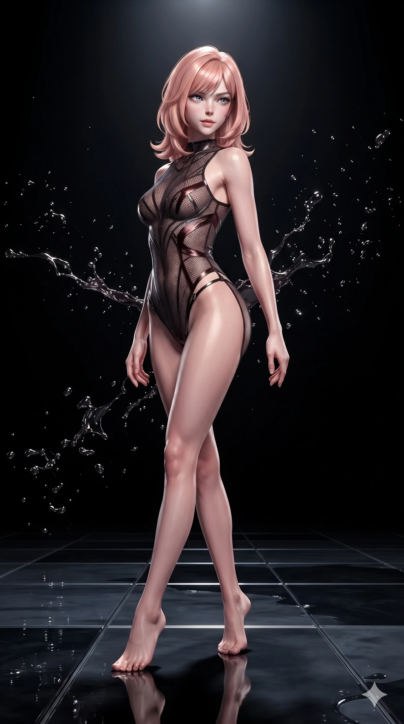 score_9, masterpiece, best quality, ultra-detailed, high-budget anime keyframe, editorial fashion photography, tasteful artistic composition, Japanese woman. low angle full-body shot from head to toe showing her feet, filling the entire 9:16 vertical frame with her statuesque presence, stretching her vertical silhouette. executing a slow, elegant turn as her liquid gown flutters around her slender legs, glancing over her shoulder with an intoxicating bedroom-gaze while twisting her slender torso in an alluring contrapposto stance across the mirrored glass floor, dark glossy reflections contouring her waist and hips. The surrounding environment is rendered in vivid detail and crisp panoramic clarity: sharp reflective glass floor surface, frozen liquid paint splash droplets, and specular studio highlights in deep focus. She has an absolutely perfect, statuesque 8.5-heads proportion, an exceptionally tall and slender model-like female figure with impossibly long slender legs, an ultra-slim waist, a flat toned midriff, narrow delicate ribcage, and beautifully sculpted feminine hips creating a graceful, slim hourglass silhouette without any bulky heaviness. sharp v-shaped jawline, high-bridge nose, intricate jewel-like dark sparkling eyes with hypnotic seductive depth, thick curled eyelashes, glossy parted lips with a natural wine sheen, alluring bedroom-eyes with an enigmatic smoldering smile, exuding magnetic sovereign charisma and dark avant-garde glamour, flawlessly proportioned anatomical accuracy, strict slender model proportions, natural body alignment, perfectly sculpted long slender limbs, ultra-slim waistline, clean dynamic posture without body distortion. wearing a provocative sheer-illusion nanotech lace bodysuit with strategic metallic foil flocking and high-cut leg openings in dark mahogany and brushed gunmetal, crafted from fine dark contouring mesh with sheer geometric transparency, adorned with minimalist black onyx hardware framing the silhouette, the liquid-tight tailored fabric clinging flawlessly to her narrow waist and rounded feminine hips, emphasizing every millimeter of her sculpted slim hourglass curves without any bulky heaviness. lit by a single intense key ray accentuating liquid paint contours against pitch-black shadows. ultra-reflective glossy finish, specular highlights, metallic sheen, high-contrast stereoscopic depth, volumetric dynamic lighting, 2k, ultra detail, master piece, 9:16 ratio