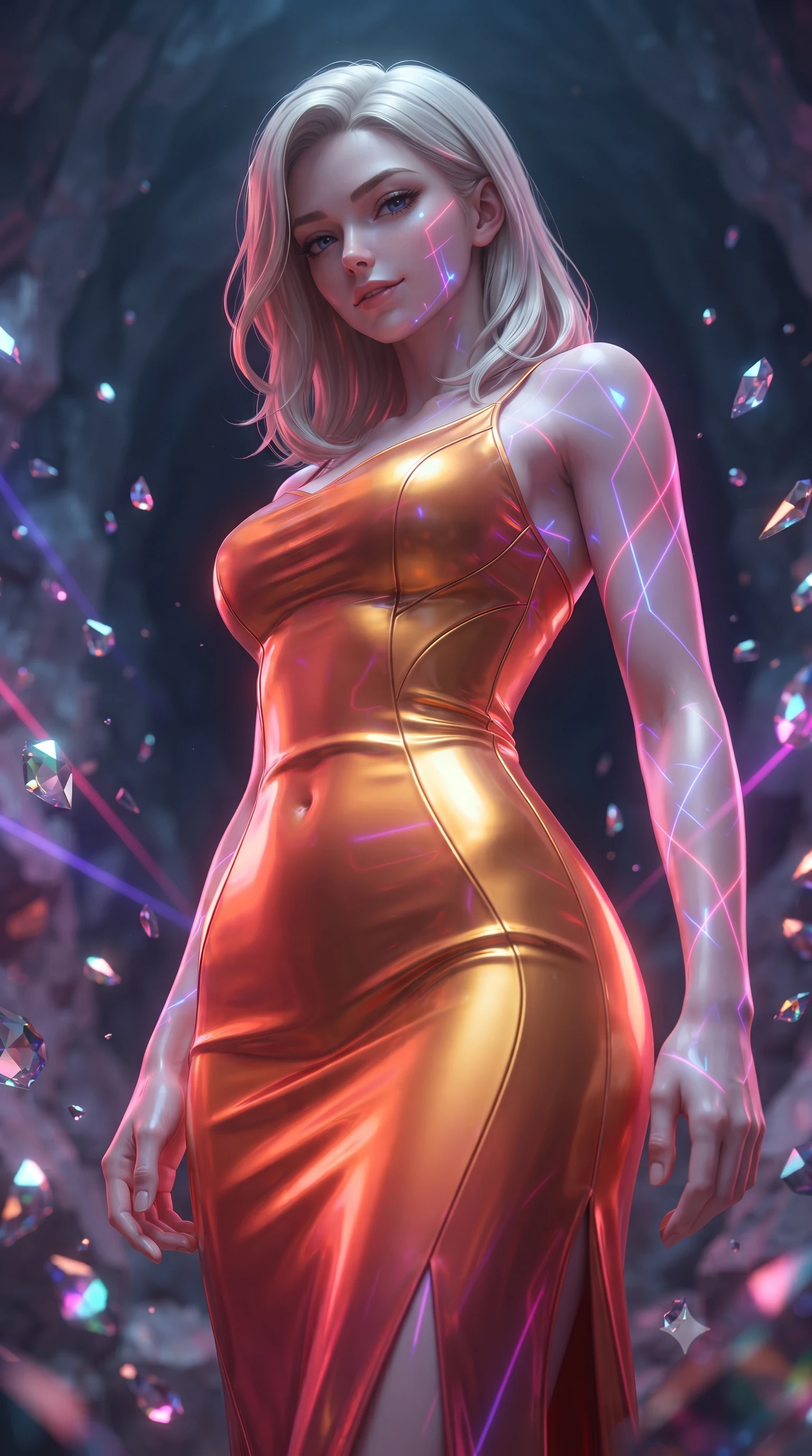 score_9, masterpiece, best quality, ultra-detailed, high-budget anime keyframe, editorial fashion photography, tasteful artistic composition, realistic cosplay photography, Caucasian woman, strictly human ears. close-up cowboy shot from the waist and thighs up, the character dominates the composition, filling the frame with her large presence, background elements kept in soft focus. Looking down at the opponent with quiet, menacing intensity and a cold half-smile. set against a soft-focus background of a deep cave system whose quartz walls are actively shattering from seismic activity, sending gemstone fragments flying. She has an exceptionally elegant and slender, willowy female figure with an ultra-slim waist, a gracefully sculpted slender torso, and a refined slim physique. sharp v-shaped jawline, high-bridge nose, intricate jewel-like eyes with depth, thick eyelashes, glossy lips with a natural sheen. wearing tailored for maximum mobility, sleek form-contouring panels that allow fluid movement, a form-contouring liquid silk charmeuse gown in a sunset gradient of orange and gold, clinging and pooling along her tall, slender silhouette. laser lines of violet and hot pink reflecting off surfaces casting geometric neon highlights. ultra-reflective glossy finish, specular highlights, metallic sheen, high-contrast stereoscopic depth, volumetric dynamic lighting, 2k, ultra detail, master piece, 9:16 ratio