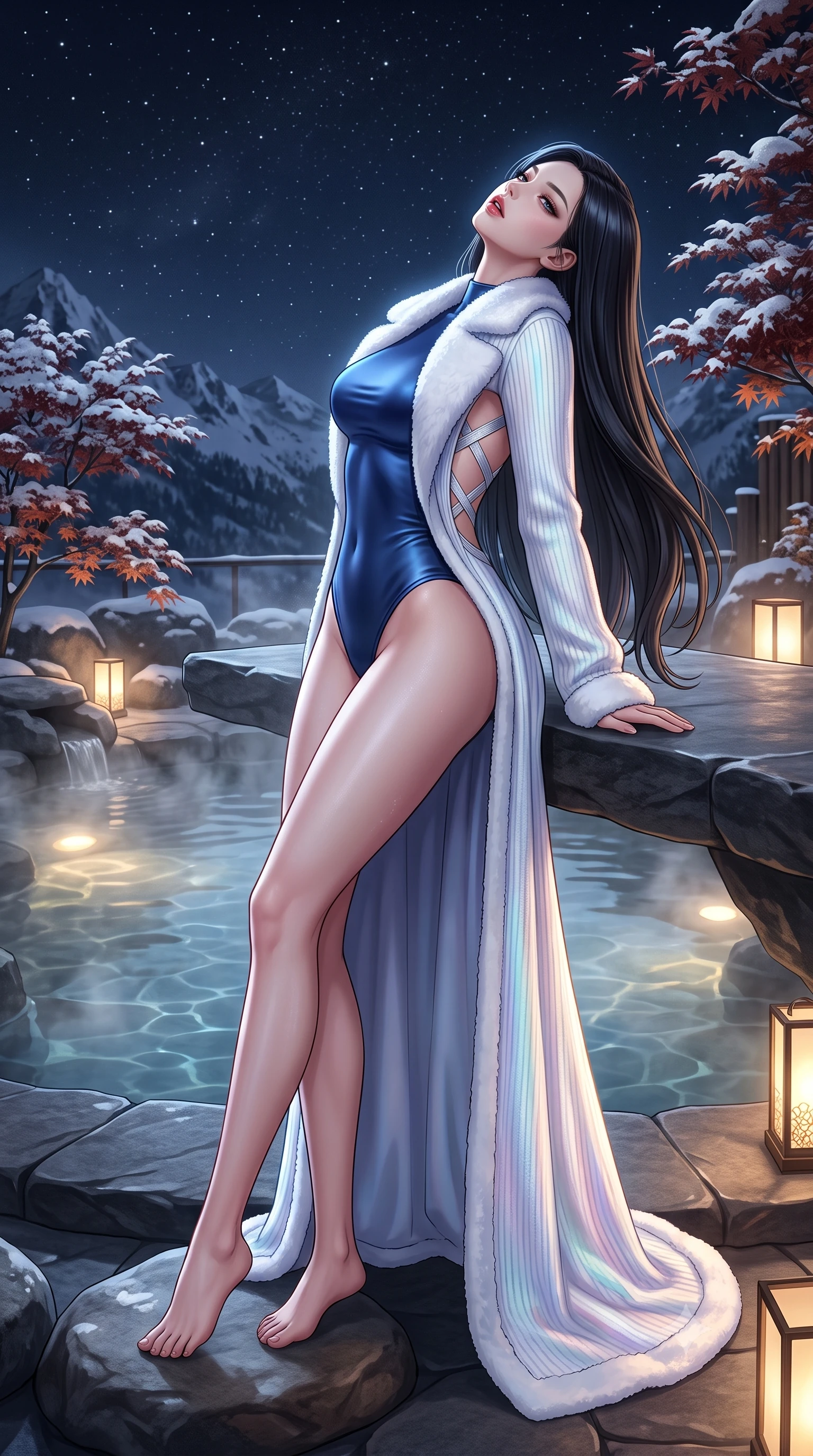 score_9, masterpiece, best quality, ultra-detailed, high-budget anime keyframe, semi-realistic 3D game render, editorial fashion photography, tasteful artistic composition, Korean woman. low angle full-body shot from head to toe showing her feet, filling the entire 9:16 vertical frame with her statuesque presence, stretching her vertical silhouette. leaning deep against the structural architecture with hips cocked in an unapologetically bold, seductive high-fashion stance while leaning against the smooth stone pool ledge, head tilted back toward starry alpine skies with parted, glossy lips. The surrounding environment is rendered in vivid detail and crisp panoramic clarity. atmospheric nocturnal thermal chiaroscuro and private mountain hot-spring luxury in precision. She has an absolutely perfect, statuesque 8.5-heads proportion, an exceptionally tall and slender model-like female figure with impossibly long slender legs, a toned flat midriff, and an ultra-slim waist. sharp v-shaped jawline, high-bridge nose, intricate jewel-like eyes with depth, thick eyelashes, glossy parted lips with a natural sheen, intensely captivating and seductive expression, flawlessly proportioned anatomical accuracy, strict slender model proportions, natural body alignment, perfectly sculpted long slender limbs, ultra-slim waistline, clean dynamic posture without body distortion. wearing a luxurious satin thermal leotard layered under a sweeping floor-length white shearling coat in crystalline holographic opal and pure white, knitted from ultra-soft fine Mongolian cashmere with body-contouring ribbing, finished with a dramatic open back framed by criss-cross silver elastic straps, the snug thermal second-skin fit accentuating her razor-sharp statuesque lines and slim hourglass silhouette amidst the cold snow. surrounded by an intimate, tranquil, and deeply sensual mountain onsen muse aura. highly saturated vibrant anime colors, detailed shading with soft gradients, rich glossy textures, high-contrast stereoscopic depth, volumetric dynamic lighting, master piece, 9:16 ratio
