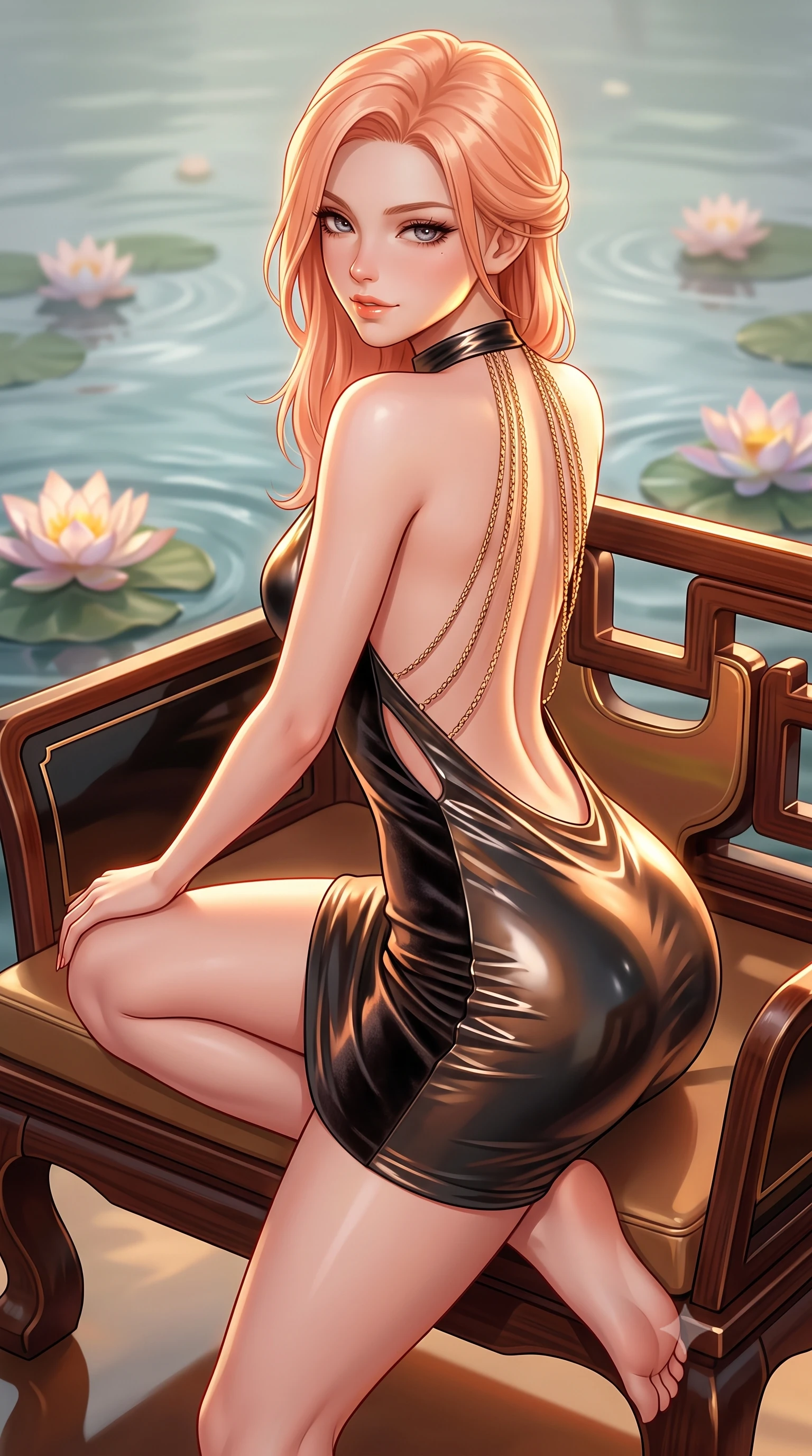 score_9, masterpiece, best quality, ultra-detailed, high-budget anime keyframe, semi-realistic 3D game render, editorial fashion photography, tasteful artistic composition, Japanese woman. close-up cowboy shot from the waist and thighs up, the character dominates the composition, filling the frame with her large presence. perched sideways on the lounge seat, one knee drawn up to showcase her slender leg line while her arched back accentuates her feminine hip curve while standing poised at the water's edge with hips cocked back, looking over a bare shoulder toward floating lotus flowers with a smoldering bedroom-smile. The background shows a soft-focus gentle pond water ripples softened in avant-garde neo-traditional shallow focus. She has an exceptionally elegant, slender, and willowy female figure with an ultra-slim waist, flat toned midriff, narrow ribcage, and sculpted feminine hips creating an alluring, slim hourglass silhouette without bulk. sharp v-shaped jawline, high-bridge nose, sparkling eyes with hypnotic seductive depth, thick curled eyelashes, glossy parted lips with a natural dewy peach sheen, alluring bedroom-eyes with an enchanting coquettish smile, exuding magnetic siren charisma and sophisticated glamour, flawlessly proportioned anatomical accuracy, strict slender model proportions, natural body alignment, perfectly sculpted long slender limbs, ultra-slim waistline, clean dynamic posture without body distortion. wearing a backless halterneck column mini dress in shimmering liquid vinyl clinging like a second skin in Ayung volcanic charcoal and molten bronze, tailored from ultra-plush velvet with rich tactile depth and deep shadow gradients, accented with an open-back drape framed by falling strands of delicate gold chains, the precision-cut side openings and low-back scoop framing her graceful spine and the sensual sweep of her slim, toned hips. illuminated by lacquer floor reflection fill and sharp warm-gold rim lights sculpting her jawline, flat midriff, and voluptuous hip curves. highly saturated vibrant anime colors, detailed shading with soft gradients, rich glossy textures, high-contrast stereoscopic depth, volumetric dynamic lighting, master piece, 9:16 ratio