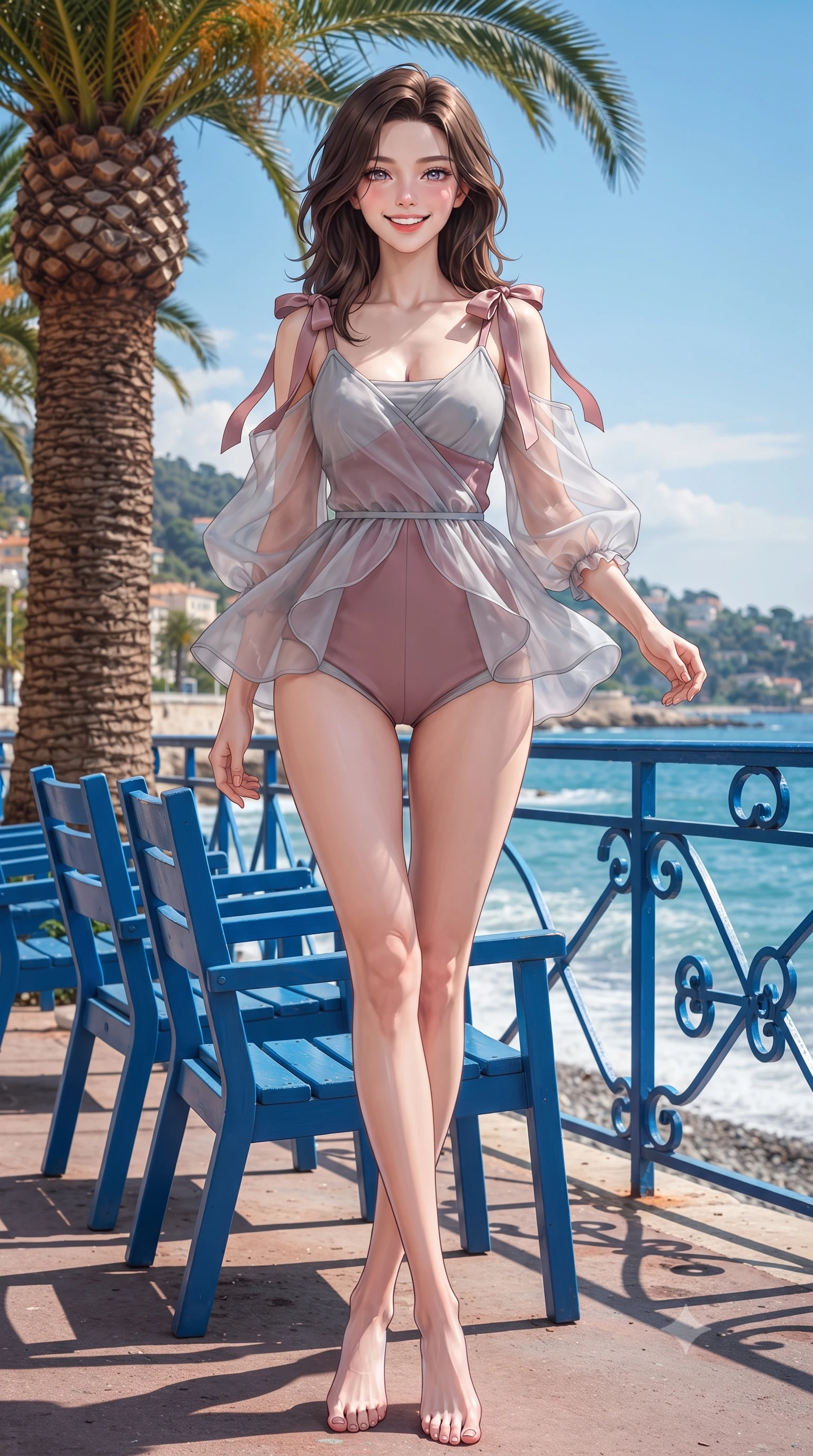 score_9, masterpiece, best quality, ultra-detailed, high-budget anime keyframe, editorial fashion photography, tasteful artistic composition, Korean woman. low angle full-body shot from head to toe showing her feet, filling the entire 9:16 vertical frame with her statuesque presence, stretching her vertical silhouette. stepping forward gracefully in mid-motion with a radiant beaming smile, hips swaying in an alluring kinetic rhythm that accentuates her curvy hourglass silhouette and long slender legs while sitting perched on one of the iconic blue wooden promenade chairs with legs crossed, her long slender legs and curvy hips framed by the Mediterranean. The surrounding environment is rendered in vivid detail and crisp panoramic clarity. sharp palm trunk bark textures, painted blue metal railing details, and sea foam shoreline caustics in deep focus. She has an exceptionally tall and slender model-like 8.5-heads proportion, an ultra-slim waist, a flat toned midriff, narrow delicate ribcage, and beautifully sculpted feminine hips creating a graceful, slim hourglass silhouette without any bulky heaviness, with impossibly long slender legs. sharp v-shaped jawline, high-bridge nose, intricate jewel-like sparkling eyes with depth, thick eyelashes, glossy parted lips with a natural peach sheen, bright cheerful beaming smile with an enchanting and coquettish sensual glint, exuding both youthful cute charm and seductive allure, flawlessly proportioned anatomical accuracy, strict slender model proportions, natural body alignment, perfectly sculpted long slender limbs, ultra-slim waistline, clean dynamic posture without body distortion. wearing a second-skin stretch cotton camisole romper with high-cut leg openings and an open back in dusty rose and soft dove grey, woven from layered gossamer organza with weightless flutter, finished with cute satin bow ribbons tying at the shoulders, the high-waisted tailoring accentuating her ultra-slim waistline and the enchanting curve of her feminine hips with alluring charm. illuminated by intense turquoise sea surface bounce fill sharply sculpting her razor-sharp jawline, narrow waist, and curvy hips. ultra-reflective glossy finish, specular highlights, rich textural contrasts, high-contrast stereoscopic depth, volumetric dynamic lighting, 2k, ultra detail, master piece, 9:16 ratio