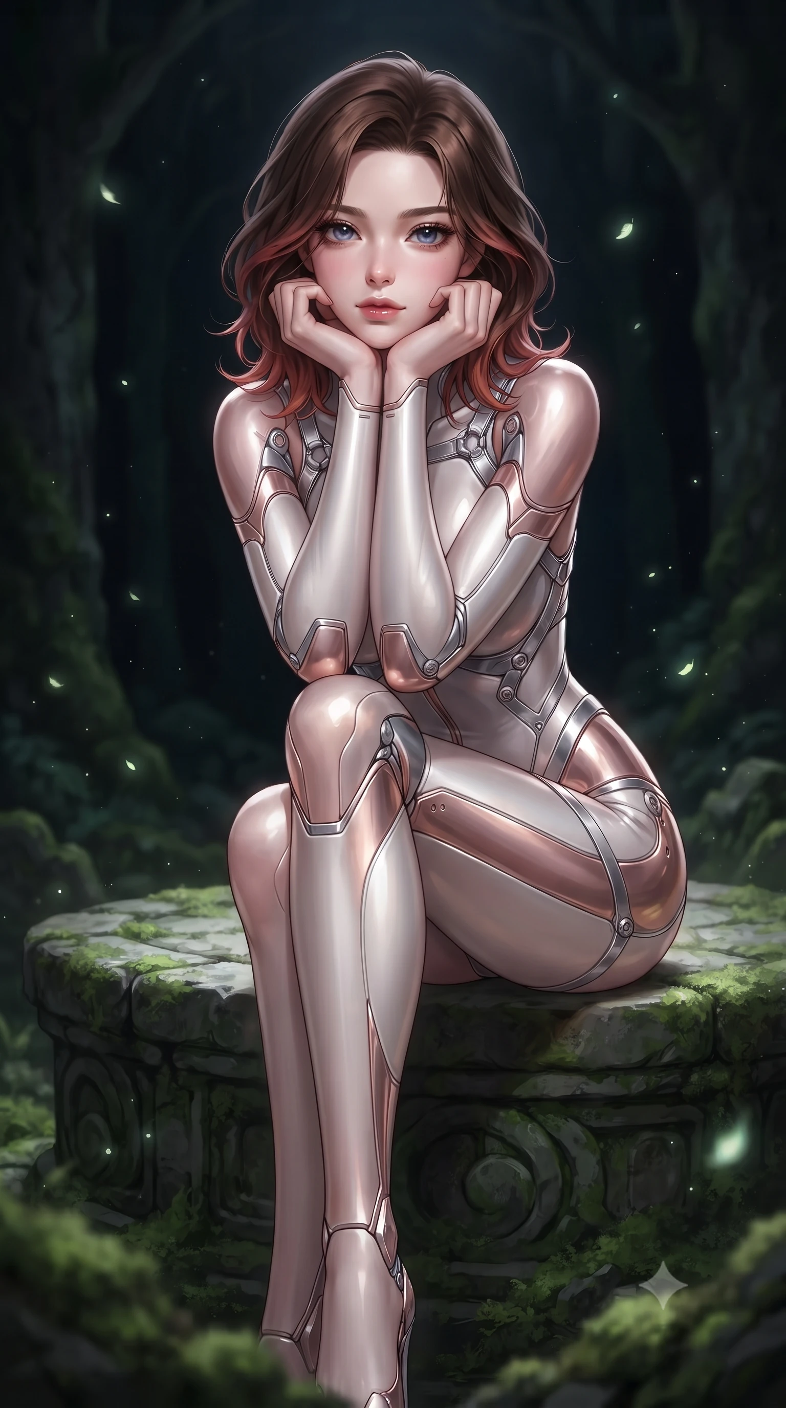 score_9, masterpiece, best quality, ultra-detailed, high-budget anime keyframe, editorial fashion photography, tasteful artistic composition, Korean woman. close-up cowboy shot from the waist and thighs up, the character dominates the composition, filling the frame with her large presence, background elements kept in soft focus. Resting her chin on the backs of her fingers with an air of effortless superiority, poised on a moss-covered stone altar as bioluminescent pollen drifts gently, deep forest shadow background providing intense subject isolation. She has an exceptionally elegant, slender, and willowy female figure with an ultra-slim waist, a gracefully sculpted slender torso, and a refined silhouette. sharp v-shaped jawline, high-bridge nose, intricate jewel-like eyes with depth, thick eyelashes, glossy lips with a natural sheen. wearing aerodynamic second-skin rose-gold metallic bodycon dress in pearl white, made of sculpted platinum chrome, highlighted by a platinum metallic harness structure, following her slender form with tailored precision. surrounded by a gentle glowing forest aura with soft rim highlights. highly saturated vibrant anime colors, detailed shading with soft gradients, rich glossy textures, high-contrast stereoscopic depth, volumetric dynamic lighting, master piece, 9:16 ratio