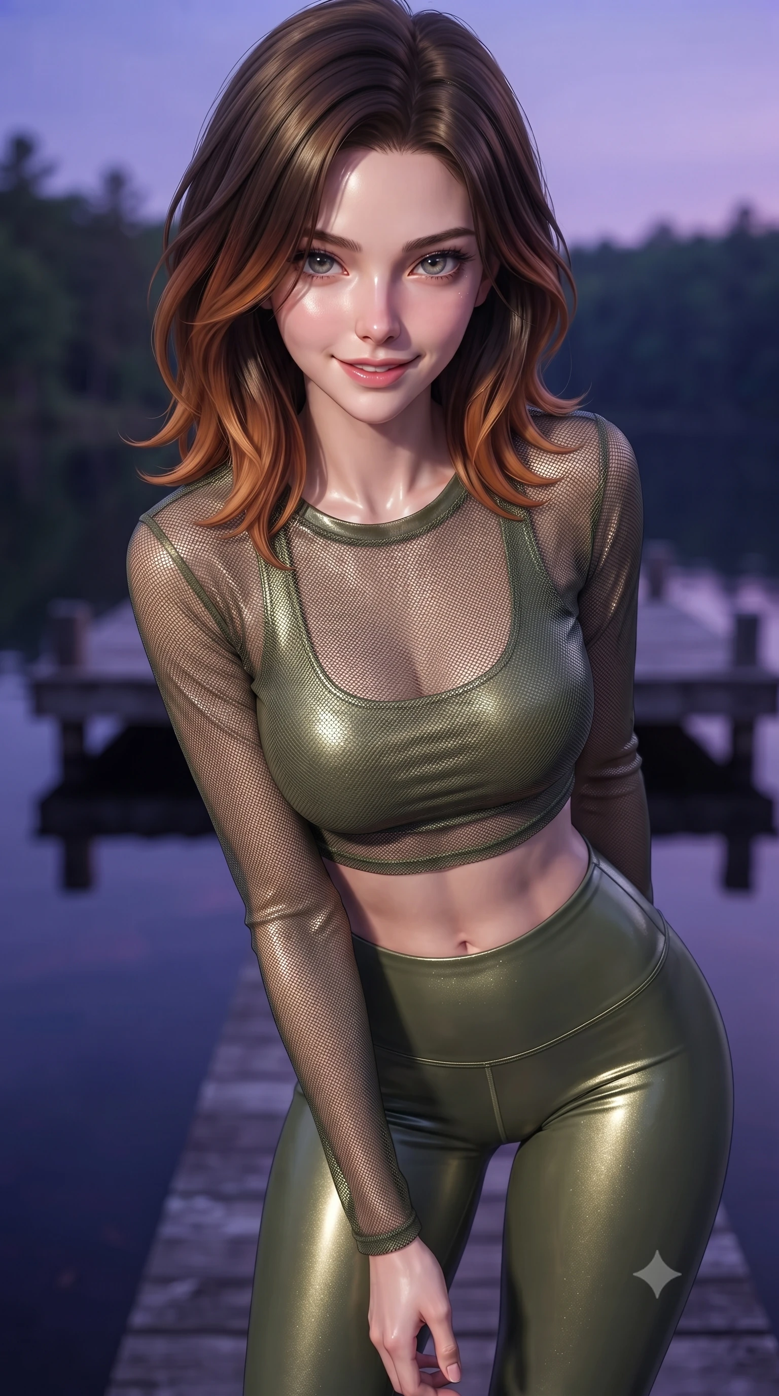 score_9, masterpiece, best quality, ultra-detailed, high-budget anime keyframe, editorial fashion photography, tasteful artistic composition, Korean woman. close-up cowboy shot from the waist and thighs up, the character dominates the composition, filling the frame with her large presence, background elements kept in soft focus. leaning slightly forward with a playful, teasing smile, her gaze locked onto the viewer the background shows a soft-focus a private lakehouse wooden pier extending over a calm forest lake. She has an exceptionally elegant, slender, and willowy female figure with an ultra-slim waist, a gracefully sculpted slender torso, and a refined silhouette. sharp v-shaped jawline, high-bridge nose, intricate jewel-like eyes with depth, thick eyelashes, glossy lips with a natural sheen. wearing a slim-fit sheer mesh long-sleeve crop top in olive green, worn over a matching sports bra and leggings. the serene purple and blue hues of twilight reflecting on the still water. ultra-reflective glossy finish, specular highlights, metallic sheen, high-contrast stereoscopic depth, volumetric dynamic lighting, 2k, ultra detail, master piece, 9:16 ratio