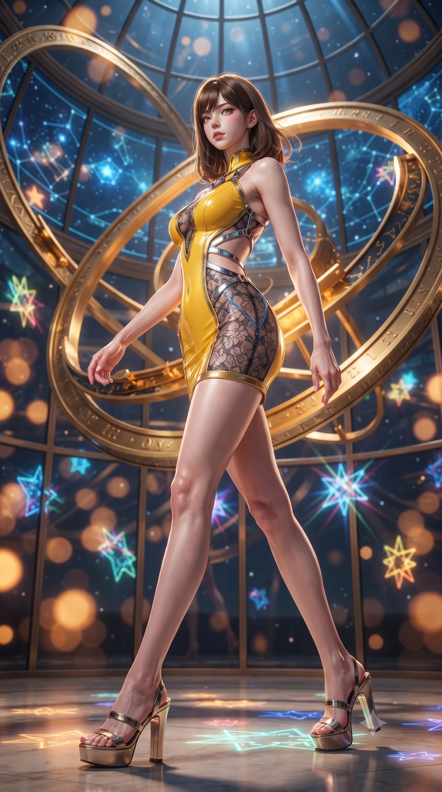 score_9, masterpiece, best quality, ultra-detailed, high-budget anime keyframe, editorial fashion photography, tasteful artistic composition, Korean woman. low angle full-body shot from head to toe showing her feet, filling the entire 9:16 vertical frame with her statuesque presence, stretching her vertical silhouette. striding forward in a proud, statuesque motion with a dangerous smolder, her vertical silhouette dominating the frame from head to toe while standing gracefully in the center of a grand glass observatory as giant interlocking golden astrolabe rings rotate around her. The composition keeps background elements in soft focus with creamy bokeh. rotating golden astrolabe rings and glowing blue star charts blurred into rich amber and sapphire bokeh. She has an absolutely perfect, statuesque 8.5-heads proportion, an exceptionally tall and slender model-like female figure with impossibly long slender legs, a toned flat midriff, and an ultra-slim waist. sharp v-shaped jawline, high-bridge nose, intricate jewel-like eyes with depth, thick eyelashes, glossy lips with a natural sheen, flawlessly proportioned anatomical accuracy, strict slender model proportions, natural body alignment, perfectly sculpted long slender limbs, ultra-slim waistline, clean dynamic posture without body distortion. wearing a second-skin fashion-latex mini dress with a clean architectural front, featuring an open-back design that wraps around the sides of her waist, showcasing her slender silhouette in vibrant sunburst canary yellow and gold trim, crafted from delicate dark lace interwoven with luminescent micro-fibers, reinforced by a sleek metallic chrome harness and delicate glowing micro-straps, the glove-like aerodynamic second-skin fit tightly clinging to her ultra-slender waist and athletic curves without adding bulk, accentuating her razor-sharp statuesque lines and slim hourglass silhouette. illuminated by glowing holographic star glyphs and crisp specular highlights on polished metal. ultra-reflective glossy finish, specular highlights, metallic sheen, high-contrast stereoscopic depth, volumetric dynamic lighting, 2k, ultra detail, master piece, 9:16 ratio