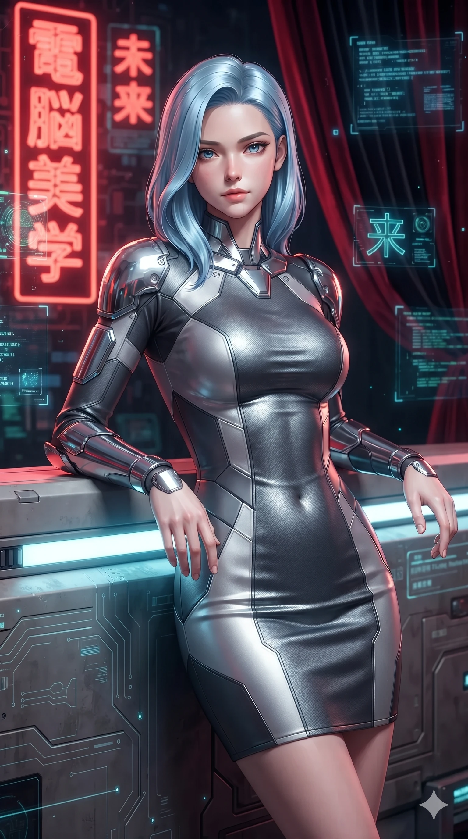 score_9, masterpiece, best quality, ultra-detailed, high-budget anime keyframe, editorial fashion photography, tasteful artistic composition, Korean woman. close-up cowboy shot from the waist and thighs up, the character dominates the composition, filling the frame with her large presence. leaning back against the glowing maintenance bulkhead with relaxed seductive grace, her flat midriff and narrow waist highlighted as laser ambient light traces her curves while twisting her slender torso in an alluring contrapposto, glowing holographic chip stacks and scarlet neon tube reflections tracing her narrow waist and curvy hips. The background shows a soft-focus massive vertical scarlet neon kanji signs, floating holographic roulette wheels, and plush velvet curtains blurred into deep scarlet, vermilion, and obsidian bokeh. She has an exceptionally elegant, slender, and willowy female figure with an ultra-slim waist, flat toned midriff, narrow ribcage, and sculpted feminine hips creating an alluring, slim hourglass silhouette without bulk. sharp v-shaped jawline, high-bridge nose, intricate jewel-like sparkling eyes with depth, thick eyelashes, glossy parted lips with a natural sheen, bright confident smile with an enchanting and coquettish sensual glint, exuding both youthful magnetic charm and sovereign high-tech allure, flawlessly proportioned anatomical accuracy, strict slender model proportions, natural body alignment, perfectly sculpted long slender limbs, ultra-slim waistline, clean dynamic posture without body distortion. wearing a glove-like stretch lambskin cyber-sheath dress accentuating her ultra-slim waistline without bulk in metallic graphite and starlight platinum, formed from supple thermal silicone composite adhering seamlessly like a second skin, accented with strategically placed chrome armor plate guards covering key curves, the liquid-tight tailored fabric clinging flawlessly to her narrow waist and rounded feminine hips, emphasizing every millimeter of her sculpted slim hourglass curves without any bulky heaviness. illuminated by glowing table surfaces and sharp scarlet rim lights carving her sculpted collarbones, ultra-slim waist, and curvy hips. ultra-reflective glossy finish, specular highlights, rich textural contrasts, high-contrast stereoscopic depth, volumetric dynamic lighting, 2k, ultra detail, master piece, 9:16 ratio
