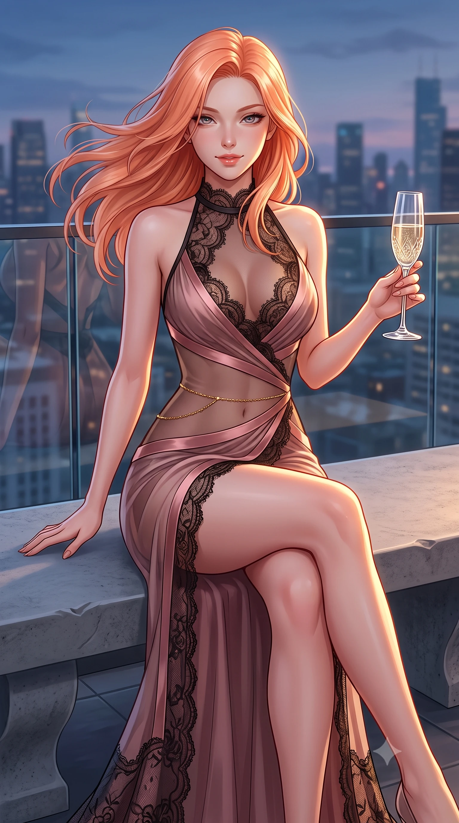 score_9, masterpiece, best quality, ultra-detailed, high-budget anime keyframe, semi-realistic 3D game render, editorial fashion photography, tasteful artistic composition, Japanese woman. close-up cowboy shot from the waist and thighs up, the character dominates the composition, filling the frame with her large presence. turning slowly with an enchanting smoldering smile, her glossy hair tossing in the breeze as her hips angle gracefully in a captivating contrapposto while sitting perched on a concrete sculpture bench with legs crossed, holding a champagne flute with effortless cosmopolitan charm. The background shows a soft-focus city skyline horizons softened in breezy metropolitan rooftop shallow focus. She has an exceptionally elegant, slender, and willowy female figure with an ultra-slim waist, flat toned midriff, narrow ribcage, and sculpted feminine hips creating an alluring, slim hourglass silhouette without bulk. sharp v-shaped jawline, high-bridge nose, sparkling eyes with hypnotic seductive depth, thick curled eyelashes, glossy parted lips with a natural dewy peach sheen, alluring bedroom-eyes with an enchanting coquettish smile, exuding magnetic siren charisma and sophisticated glamour, flawlessly proportioned anatomical accuracy, strict slender model proportions, natural body alignment, perfectly sculpted long slender limbs, ultra-slim waistline, clean dynamic posture without body distortion. wearing a provocative sheer illusion mesh vampire gown with liquid satin ribbons contouring her hourglass curves in dusky blush rose and antique black lace, made of delicate semi-sheer French Chantilly lace with intricate eyelash edges, accented with a dainty gold belly chain resting across her flat midriff and curving hips, the high-slit wrap tailoring accentuating her ultra-slim waistline and the enchanting curve of her feminine hips with alluring seductive charm. illuminated by glass balustrade reflections and sharp warm-gold rim lights defining her razor-sharp jawline, narrow waist, and curvy hips. highly saturated vibrant anime colors, detailed shading with soft gradients, rich glossy textures, high-contrast stereoscopic depth, volumetric dynamic lighting, master piece, 9:16 ratio