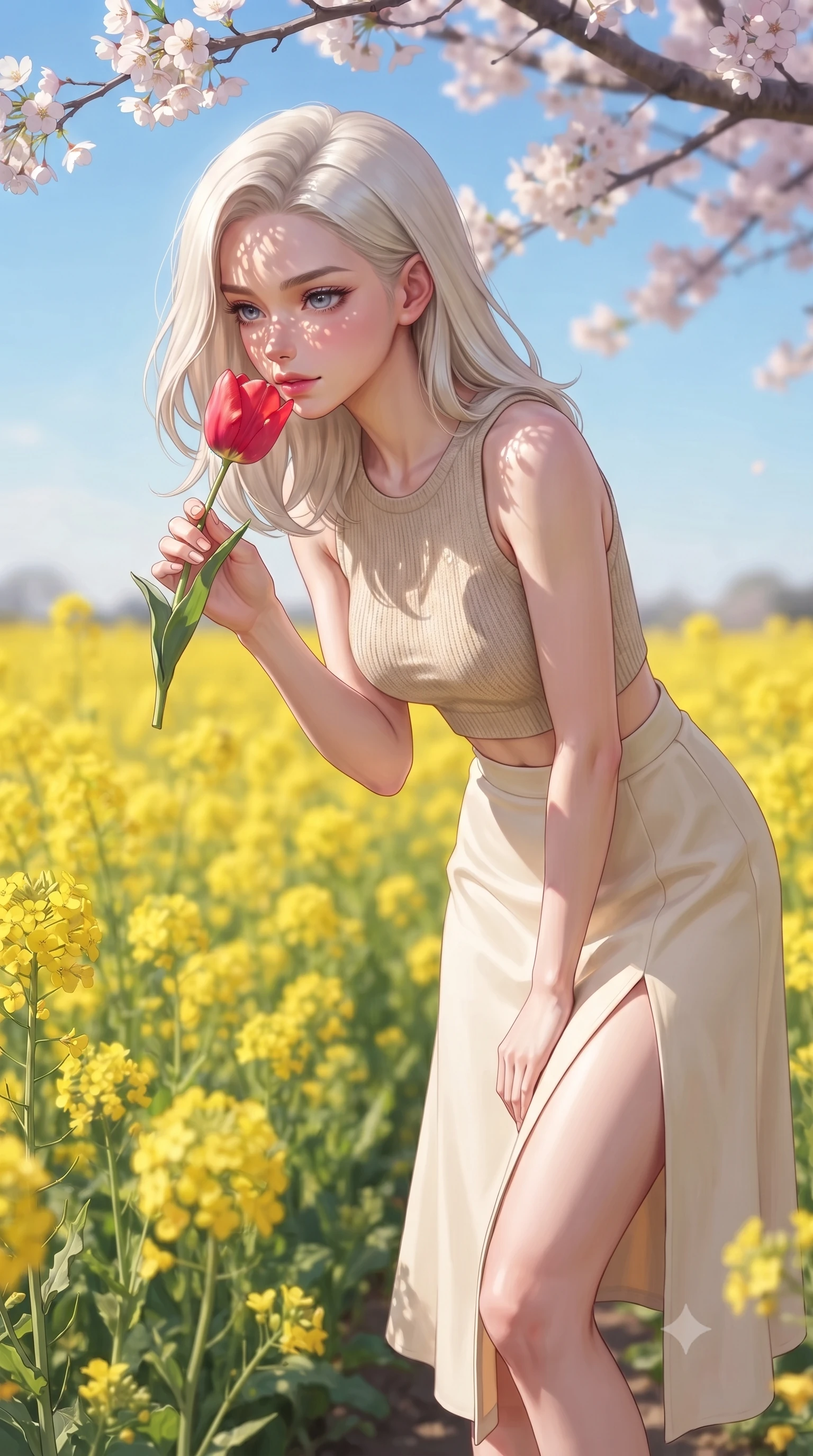 score_9, masterpiece, best quality, ultra-detailed, high-budget anime keyframe, editorial fashion photography, tasteful artistic composition, Caucasian woman. close-up cowboy shot from the waist and thighs up, the character dominates the composition, filling the frame with her large presence, background elements kept in soft focus. flashing a bright, sunny grin, holding her fingers in a cute small heart shape set against a soft-focus background of in a vast field of bright yellow canola flowers under a clear blue sky bending down to smell a red tulip with a sweet, lovely expression. She has an exceptionally elegant, slender, and willowy female figure with an ultra-slim waist, a gracefully sculpted slender torso, and a refined silhouette. sharp v-shaped jawline, high-bridge nose, intricate jewel-like eyes with depth, thick eyelashes, glossy lips with a natural sheen. wearing form-contouring crop top in oatmeal knit paired with a flowy midi skirt featuring a high side slit. dappled sunlight filtering through the cherry blossom branches onto her face. highly saturated vibrant anime colors, detailed shading with soft gradients, rich glossy textures, high-contrast stereoscopic depth, volumetric dynamic lighting, master piece, 9:16 ratio