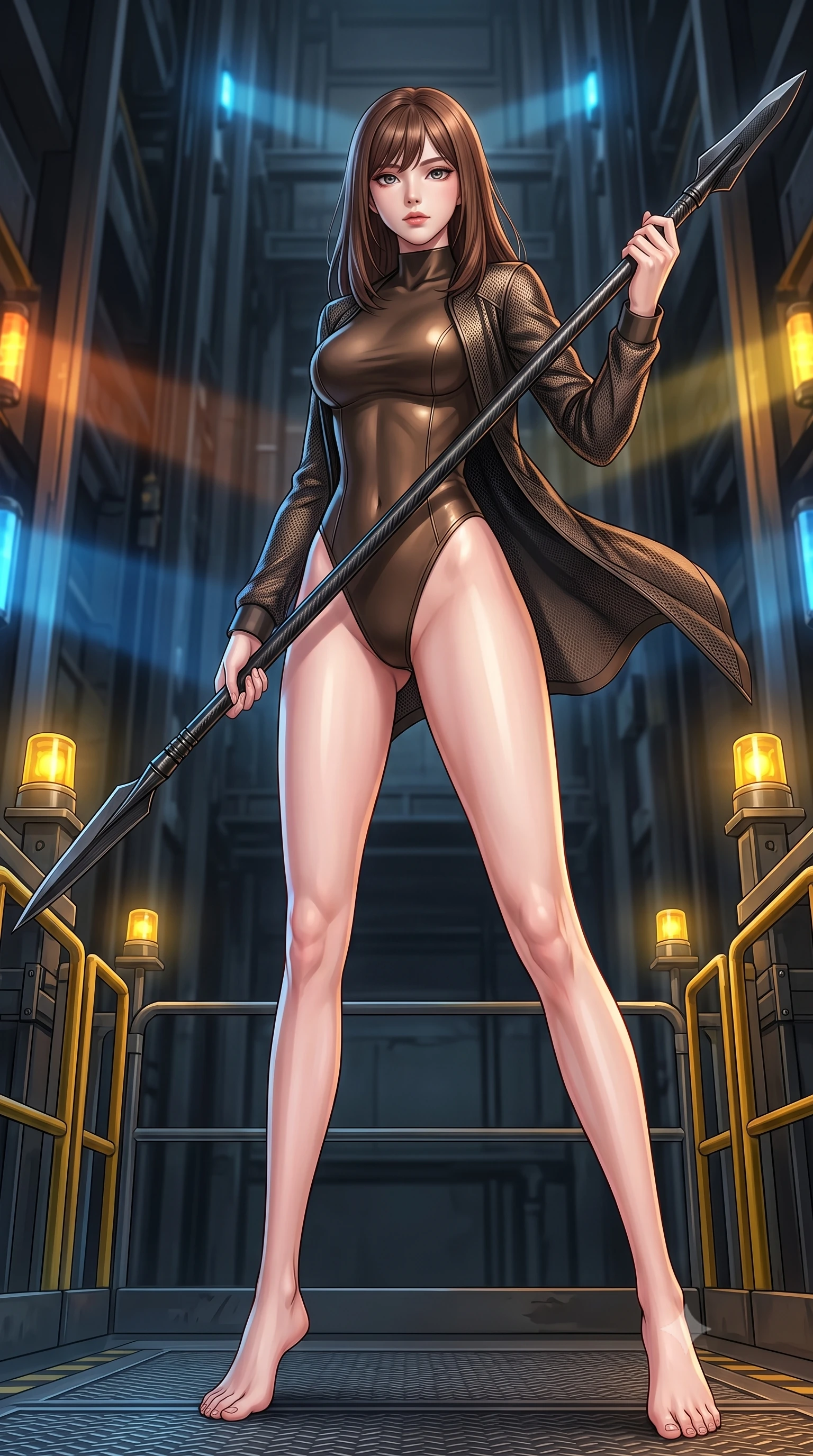 score_9, masterpiece, best quality, ultra-detailed, high-budget anime keyframe, editorial fashion photography, tasteful artistic composition, Korean woman. low angle full-body shot from head to toe showing her feet, filling the entire 9:16 vertical frame with her statuesque presence, stretching her vertical silhouette. standing in a dynamic combat stance with a carbon-fiber spear held diagonally, stretching her statuesque body, the background shows a soft-focus a replicator cargo elevator platform with yellow beacons and safety racks. She has an absolutely perfect, statuesque 8.5-heads proportion, an exceptionally tall and slender model-like female figure with impossibly long slender legs and an ultra-slim waist. sharp v-shaped jawline, high-bridge nose, intricate jewel-like eyes with depth, thick eyelashes, glossy lips with a natural sheen. wearing a tailored form-fitting high-neck bodysuit in dark bronze, worn under a tailored open carbon-mesh tactical jacket. dynamic moving light beams from passing elevator shaft signal lamps. highly saturated vibrant anime colors, detailed shading with soft gradients, rich glossy textures, high-contrast stereoscopic depth, volumetric dynamic lighting, master piece, 9:16 ratio