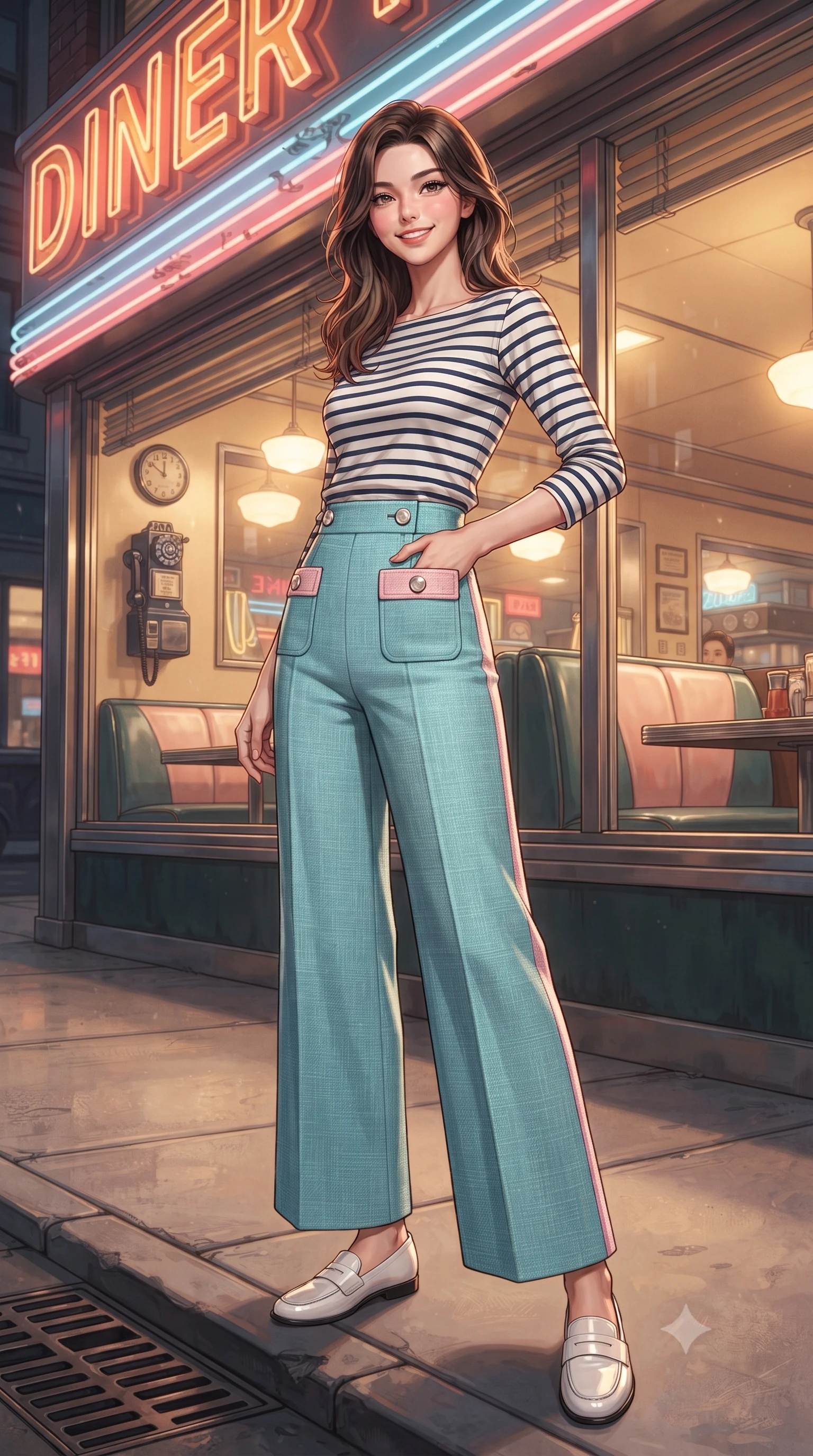score_9, masterpiece, best quality, ultra-detailed, high-budget anime keyframe, editorial fashion photography, tasteful artistic composition, Korean woman. low angle full-body shot from head to toe showing her feet, filling the entire 9:16 vertical frame with her statuesque presence, stretching her vertical silhouette. standing poised with one hip cocked in an alluring high-fashion pose, her tall 8.5-heads proportions dominating the scene while pivoting playfully outside a retro diner's glowing neon window, smiling with infectious nostalgic girlhood charm. The surrounding environment is rendered in vivid detail and crisp panoramic clarity. detailed vintage diner booth interiors visible through glass, telephone coin slots, and drain grates in high clarity. She has an absolutely perfect, statuesque 8.5-heads proportion, an exceptionally tall and slender model-like female figure with impossibly long slender legs, a toned flat midriff, and an ultra-slim waist. sharp v-shaped jawline, high-bridge nose, intricate jewel-like eyes with depth, thick eyelashes, glossy lips with a natural sheen, captivating and magnetic expression, flawlessly proportioned anatomical accuracy, strict slender model proportions, natural body alignment, perfectly sculpted long slender limbs, ultra-slim waistline, clean dynamic posture without body distortion. wearing a chic French-girl style boatneck Breton striped top paired with high-rise wide-leg sailor trousers in retro turquoise, baby pink, and white, tailored from fine British wool tweed and comfortable stretch cotton, finished with polished mother-of-pearl buttons and tailored flap pockets, the breezy yet form-flattering drape swaying gracefully with her steps, accentuating her long willowy limbs and slim waistline. illuminated by warm golden diner window key light sculpting her cheekbones and joyful expression. ultra-reflective glossy finish, specular highlights, rich textural contrasts, high-contrast stereoscopic depth, volumetric dynamic lighting, 2k, ultra detail, master piece, 9:16 ratio