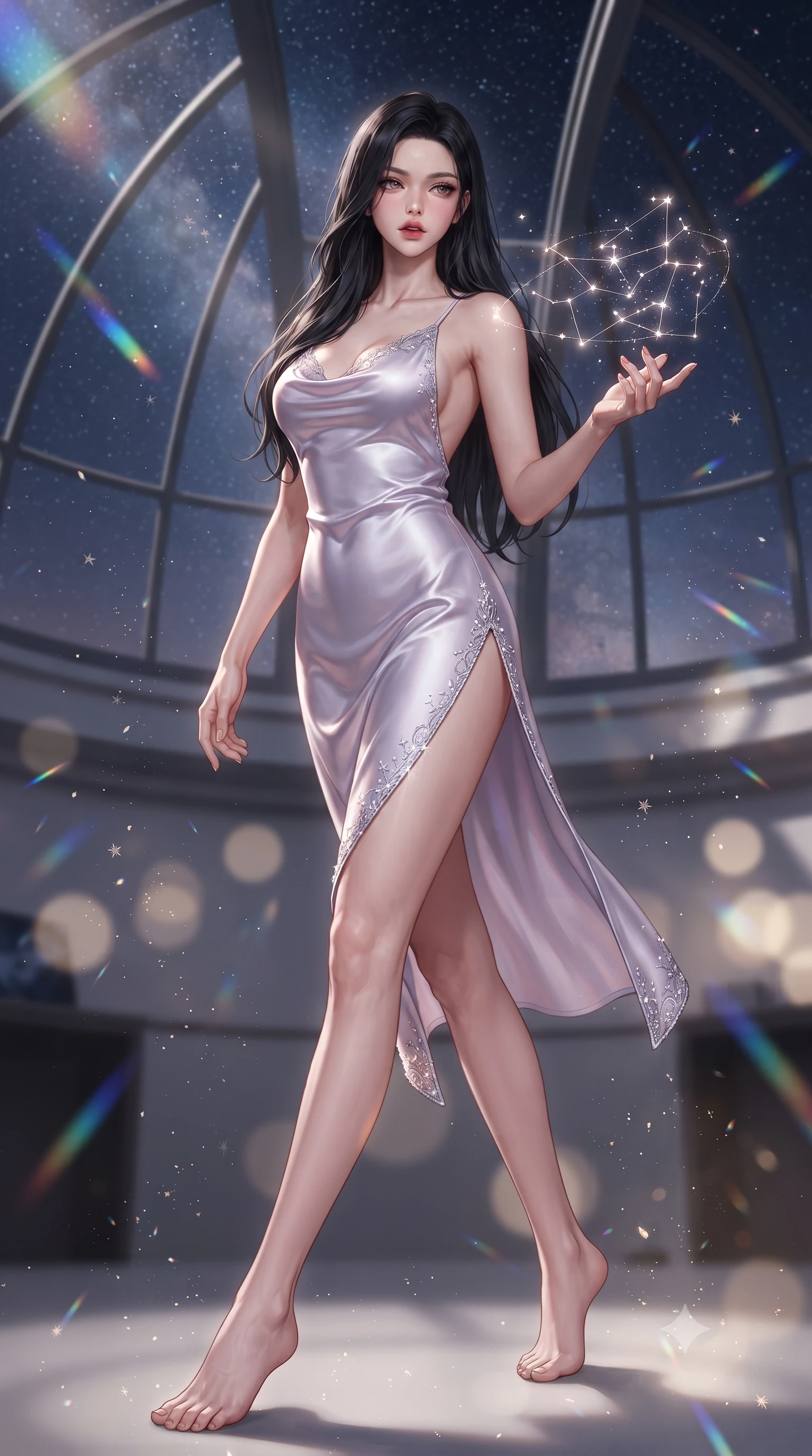 score_9, masterpiece, best quality, ultra-detailed, high-budget anime keyframe, editorial fashion photography, tasteful artistic composition, Korean woman. low angle full-body shot from head to toe showing her feet, filling the entire 9:16 vertical frame with her statuesque presence, stretching her vertical silhouette. striding forward in a proud supermodel runway stride, hips swaying in an alluring kinetic rhythm that accentuates her curvy hourglass silhouette while arching her spine in a fluid dancer stretch beneath the open observatory glass dome, fingers lightly tracing a floating star map. The composition keeps background elements in soft focus with creamy bokeh. floating stardust flecks and prismatic telescope lens refractions scattering ethereal light motes. She has an absolutely perfect, statuesque 8.5-heads proportion, an exceptionally tall and slender model-like female figure with impossibly long slender legs, a toned flat midriff, an ultra-slim waist, and beautifully sculpted feminine hips. sharp v-shaped jawline, high-bridge nose, intricate jewel-like eyes with depth, thick eyelashes, glossy parted lips with a natural sheen, intensely captivating and seductive bedroom-eyes expression, flawlessly proportioned anatomical accuracy, strict slender model proportions, natural body alignment, perfectly sculpted long slender limbs, ultra-slim waistline, clean dynamic posture without body distortion. wearing a backless cowl-neck satin slip dress featuring high-cut side hip slits and delicate thin straps in pearlescent opal with soft violet luster, crafted from heavyweight crushed silk velvet with liquid frost luster, featuring delicate starlight crystal embroidery along the neckline and hem, the glove-like aerodynamic silhouette tightly following the natural contour of her hips and long slender legs with statuesque precision. surrounded by a celestial, immortal, and deeply hypnotic cosmos sovereign aura. ultra-reflective glossy finish, specular highlights, rich textural contrasts, high-contrast stereoscopic depth, volumetric dynamic lighting, 2k, ultra detail, master piece, 9:16 ratio