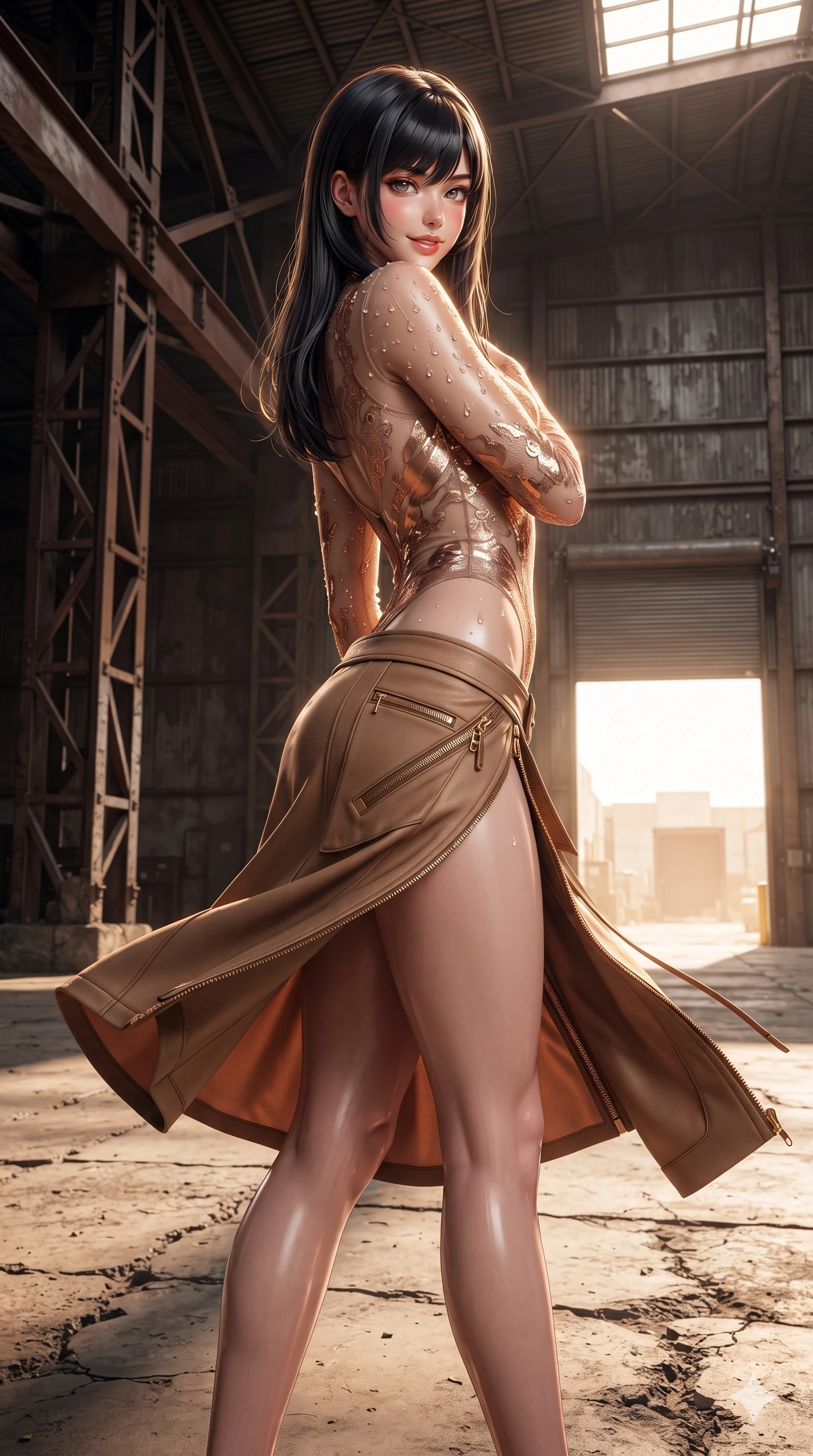 score_9, masterpiece, best quality, ultra-detailed, high-budget anime keyframe, editorial fashion photography, tasteful artistic composition, Caucasian woman. low angle full-body shot from head to toe showing her feet, filling the entire 9:16 vertical frame with her statuesque presence, stretching her vertical silhouette. executing a slow, graceful pivot turn as her wrap skirt sways around her slender legs, glancing back with an enchanting, teasing sensual expression while twisting her slender torso in an alluring S-curve, harsh desert exterior sunlight contrasting with dark warehouse interiors across her flat midriff and hips. The surrounding environment is rendered in vivid detail and crisp panoramic clarity: detailed two-piece desert outlaw set tailoring, brass zipper hardware, and rugged industrial architecture in razor-sharp precision. She has an absolutely perfect, statuesque 8.5-heads proportion, an exceptionally tall and slender model-like female figure with impossibly long slender legs, an ultra-slim waist, a flat toned midriff, narrow delicate ribcage, and beautifully sculpted feminine hips creating a graceful, slim hourglass silhouette without any bulky heaviness. sharp v-shaped jawline, high-bridge nose, sparkling eyes with hypnotic seductive depth, thick curled eyelashes, glossy parted lips with a natural dewy peach sheen, alluring bedroom-eyes with an enchanting coquettish smile, exuding magnetic siren charisma and sophisticated glamour, flawlessly proportioned anatomical accuracy, strict slender model proportions, natural body alignment, perfectly sculpted long slender limbs, ultra-slim waistline, clean dynamic posture without body distortion. wearing a provocative sheer-illusion nanotech lace bodysuit with strategic metallic foil flocking and high-cut leg openings in molten metallic copper and radiant desert sand, made of fluid liquid jersey with seamless sculpting hold and smooth contours, finished with glistening drops of seawater beading across her sculpted shoulders and flat midriff, the form-contouring material adhering flawlessly to her sculpted flat midriff and slender torso, emphasizing her long leg lines and perfectly proportioned willowy build. illuminated by concrete floor bounce and blinding golden rim lighting outlining her razor-sharp jawline, narrow waist, and curvy hips. ultra-reflective glossy finish, specular highlights, rich textural contrasts, high-contrast stereoscopic depth, volumetric dynamic lighting, 2k, ultra detail, master piece, 9:16 ratio