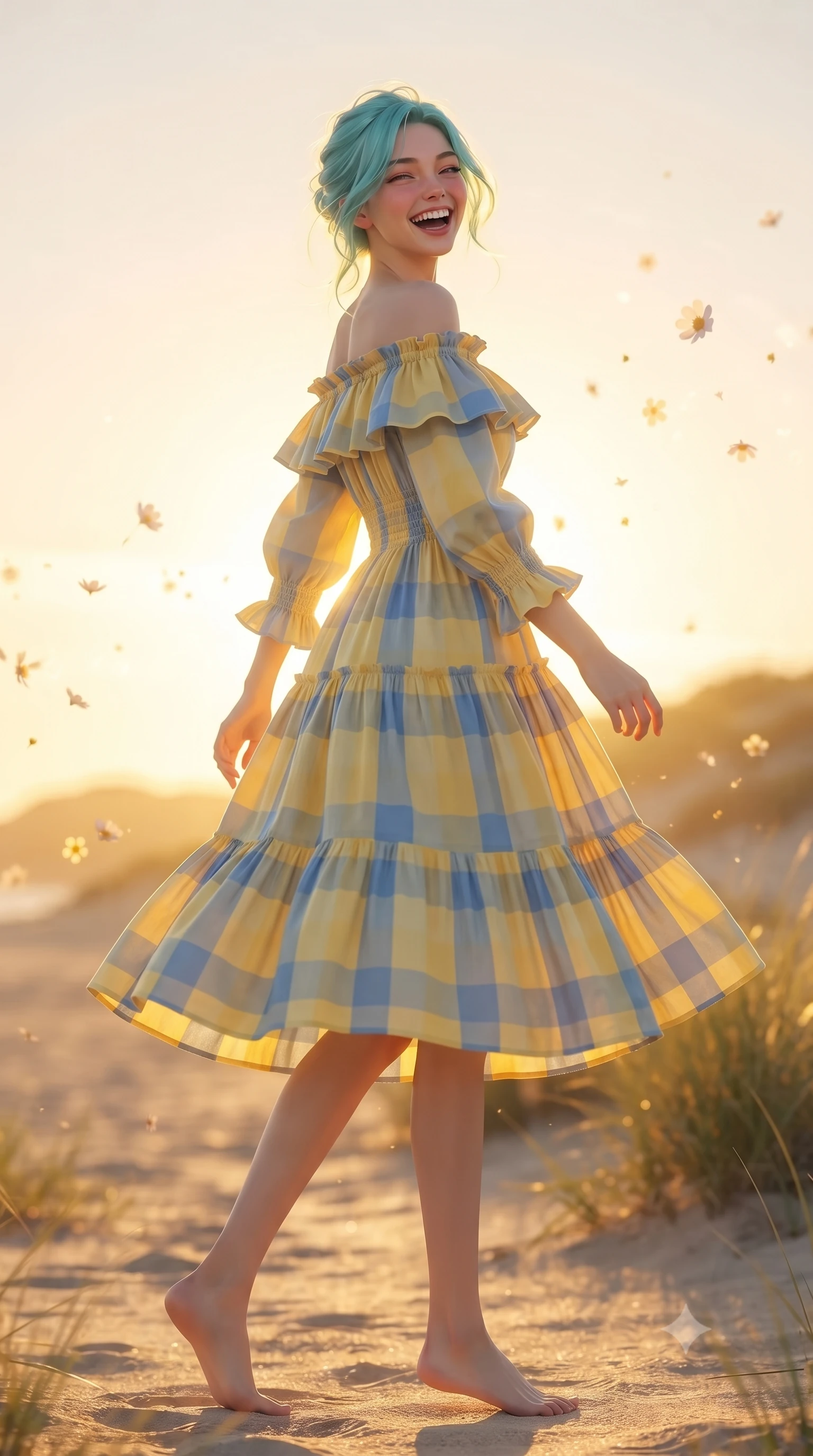 score_9, masterpiece, best quality, ultra-detailed, high-budget anime keyframe, editorial fashion photography, tasteful artistic composition, Japanese woman. low angle full-body shot from head to toe showing her feet, filling the entire 9:16 vertical frame with her statuesque presence, stretching her vertical silhouette. performing a cheerful mid-motion turn with effortless poise, her skirt fluttering softly as she smiles into the camera while turning back with a playful, joyful laugh as the setting sun creates a golden halo around her lovely silhouette. The composition keeps background elements in soft focus with creamy bokeh. warm golden hour sunset rays and floating flower dust scattering radiant bokeh motes. She has an absolutely perfect, statuesque 8.5-heads proportion, an exceptionally tall and slender model-like female figure with impossibly long slender legs, a toned flat midriff, and an ultra-slim waist. sharp v-shaped jawline, high-bridge nose, intricate jewel-like eyes with depth, thick eyelashes, glossy lips with a natural sheen, pure and lovely fresh girlhood expression, flawlessly proportioned anatomical accuracy, strict slender model proportions, natural body alignment, perfectly sculpted long slender limbs, ultra-slim waistline, clean dynamic posture without body distortion. wearing a graceful off-shoulder cotton sundress with a ruffled neckline and tiered A-line skirt in sunny daffodil yellow and french blue, tailored from crisp organic cotton poplin, accented with soft smocked elastic details and ruffled cuff trims, the tailored casual silhouette highlighting her fresh and youthful presence and perfectly proportioned slender frame. bathed in gorgeous warm golden hour sunset backlighting creating a glowing rim light along her hair and figure. ultra-reflective glossy finish, specular highlights, rich natural textures, high-contrast stereoscopic depth, volumetric dynamic lighting, 2k, ultra detail, master piece, 9:16 ratio