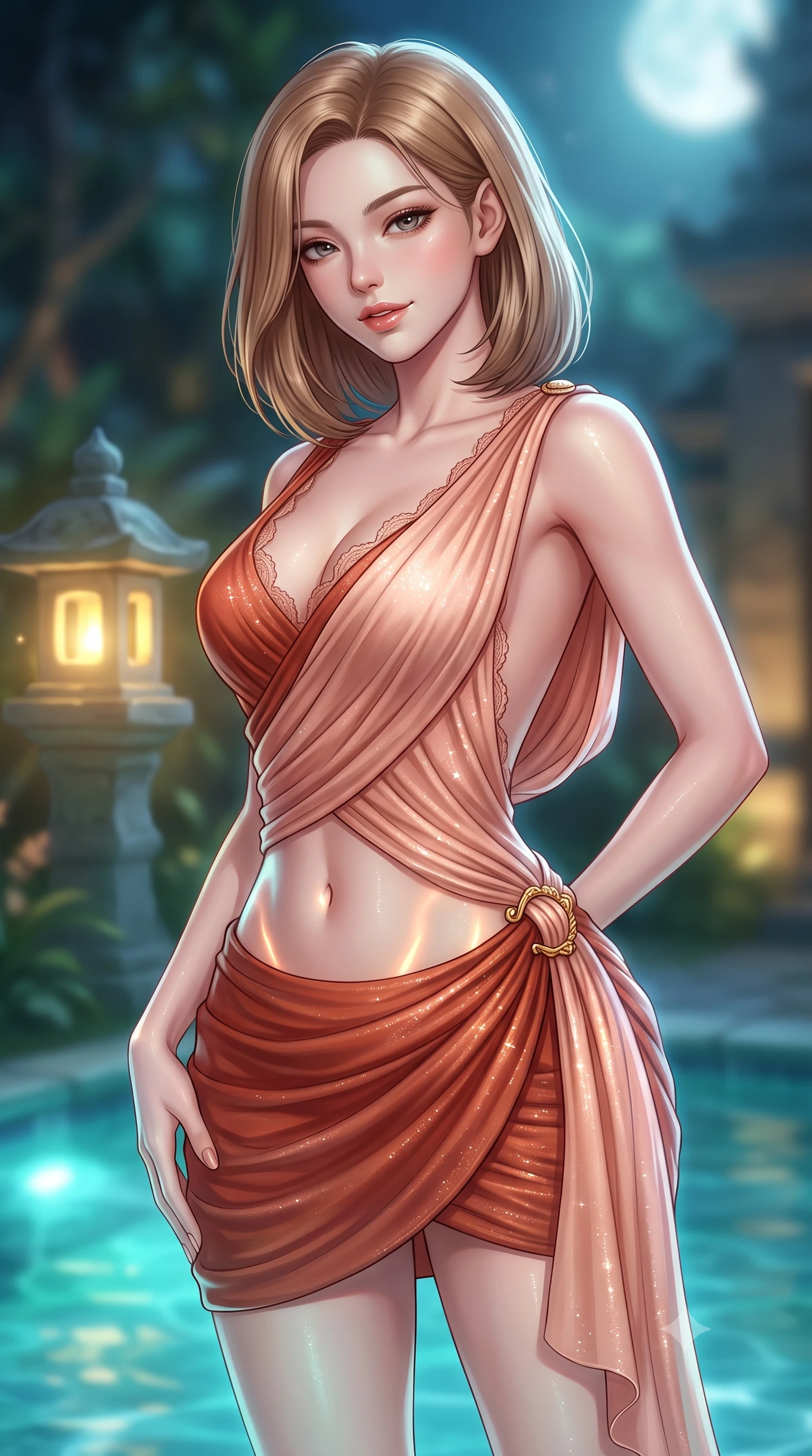 score_9, masterpiece, best quality, ultra-detailed, high-budget anime keyframe, semi-realistic 3D game render, editorial fashion photography, tasteful artistic composition, Korean woman. close-up cowboy shot from the waist and thighs up, the character dominates the composition, filling the frame with her large presence. tilting her head with a teasing half-smile, running one hand slowly down the side of her hip in a flirtatious S-curve as ambient light caresses her silhouette while twisting her slender torso in an alluring S-curve, glowing submerged thermal lights and moonbeams tracing her flat midriff and curvy hips. The background shows a soft-focus stone lantern glows softened in mystical Balinese sanctuary shallow focus. She has an exceptionally elegant, slender, and willowy female figure with an ultra-slim waist, flat toned midriff, narrow ribcage, and sculpted feminine hips creating an alluring, slim hourglass silhouette without bulk. sharp v-shaped jawline, high-bridge nose, sparkling eyes with hypnotic seductive depth, thick curled eyelashes, glossy parted lips with a natural dewy peach sheen, alluring bedroom-eyes with an enchanting coquettish smile, exuding magnetic siren charisma and sophisticated glamour, flawlessly proportioned anatomical accuracy, strict slender model proportions, natural body alignment, perfectly sculpted long slender limbs, ultra-slim waistline, clean dynamic posture without body distortion. wearing a draped Greek-goddess style silk chiffon mini toga dress with an open back and golden hip fibula in Positano terracotta and blush peach, woven from stretch metallic lurex jersey casting radiant starlight glints across her silhouette, finished with scalloped eyelash lace trim framing her sweetheart neckline with intimate elegance, the liquid-tight tailored fabric clinging flawlessly to her narrow waist and rounded feminine hips, emphasizing every millimeter of her sculpted slim hourglass curves without any bulky heaviness. bathed in luminous underwater aquamarine spring lighting paired with soft warm garden uplights and full moonlight. highly saturated vibrant anime colors, detailed shading with soft gradients, rich glossy textures, high-contrast stereoscopic depth, volumetric dynamic lighting, master piece, 9:16 ratio