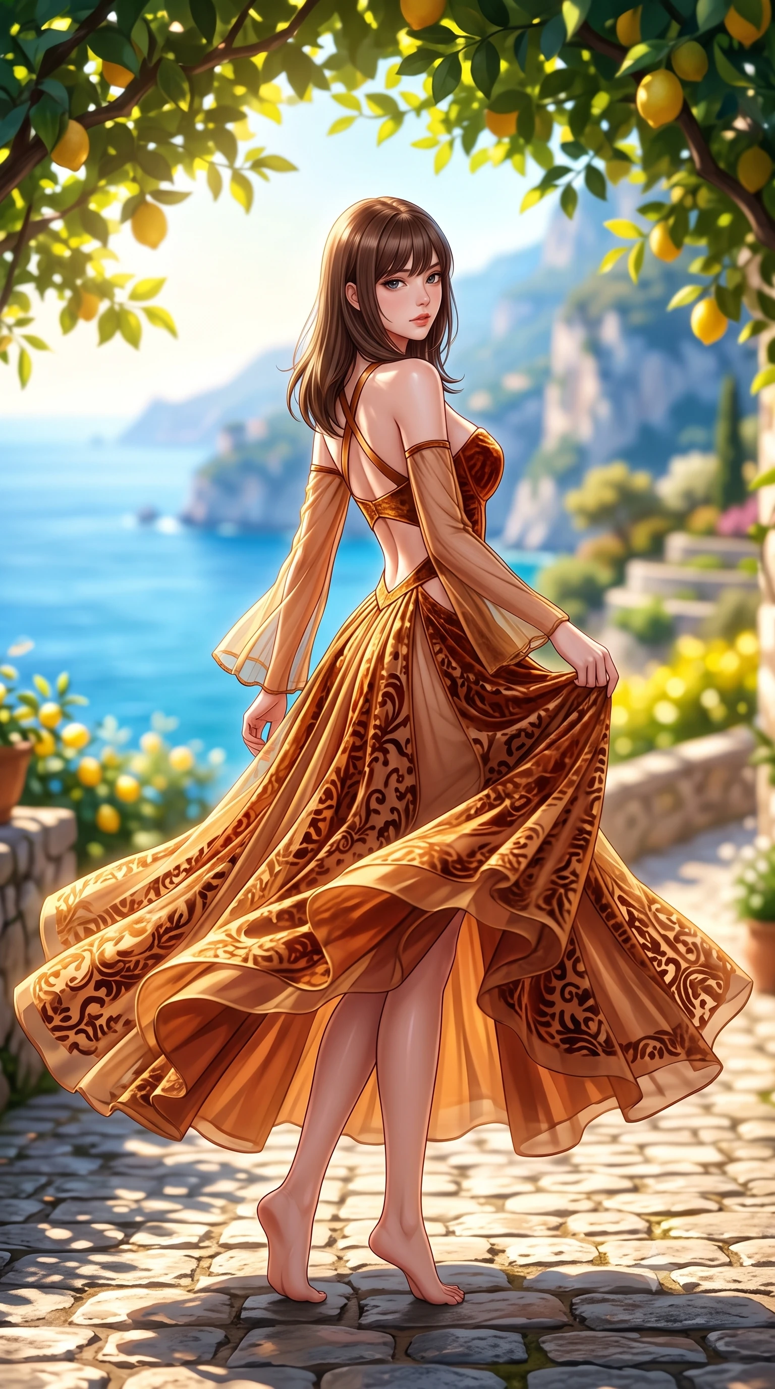 score_9, masterpiece, best quality, ultra-detailed, high-budget anime keyframe, semi-realistic 3D game render, editorial fashion photography, tasteful artistic composition, Korean woman. low angle full-body shot from head to toe showing her feet, filling the entire 9:16 vertical frame with her statuesque presence, stretching her vertical silhouette. executing an elegant mid-motion pivot turn as garments swirl around her slender limbs, glancing over her shoulder with an intoxicating bedroom-gaze while standing poised on the sun-dappled cobblestone path, twisting her slender torso in an alluring contrapposto stance as the Mediterranean breeze flutters her dress. The composition keeps background elements in soft focus with creamy bokeh. sun-drenched cobalt Mediterranean sea and dramatic Amalfi limestone cliffs blurred into radiant sapphire, turquoise, and lemon-yellow bokeh. She has an exceptionally tall and slender model-like 8.5-heads proportion, an ultra-slim waist, a flat toned midriff, narrow delicate ribcage, and beautifully sculpted feminine hips creating a graceful, slim hourglass silhouette without any bulky heaviness, with impossibly long slender legs. sharp v-shaped jawline, high-bridge nose, intricate jewel-like eyes with depth, thick eyelashes, glossy parted lips with a natural sheen, intensely captivating and seductive bedroom-eyes expression, flawlessly proportioned anatomical accuracy, strict slender model proportions, natural body alignment, perfectly sculpted long slender limbs, ultra-slim waistline, clean dynamic posture without body distortion. wearing a deep sweetheart neckline crushed velvet corseted ballgown with an exposed midriff cutout in molten desert gold and burnt terracotta, made of sheer contouring power-mesh with velvet flocking patterns, finished with criss-cross back satin straps highlighting her graceful shoulder blades, the precision-cut side openings and low-back scoop framing her graceful spine and the sensual sweep of her slim, toned hips. bathed in brilliant Mediterranean golden hour sunlight dappled through lush lemon tree leaves. highly saturated vibrant anime colors, detailed shading with soft gradients, rich glossy textures, high-contrast stereoscopic depth, volumetric dynamic lighting, master piece, 9:16 ratio
