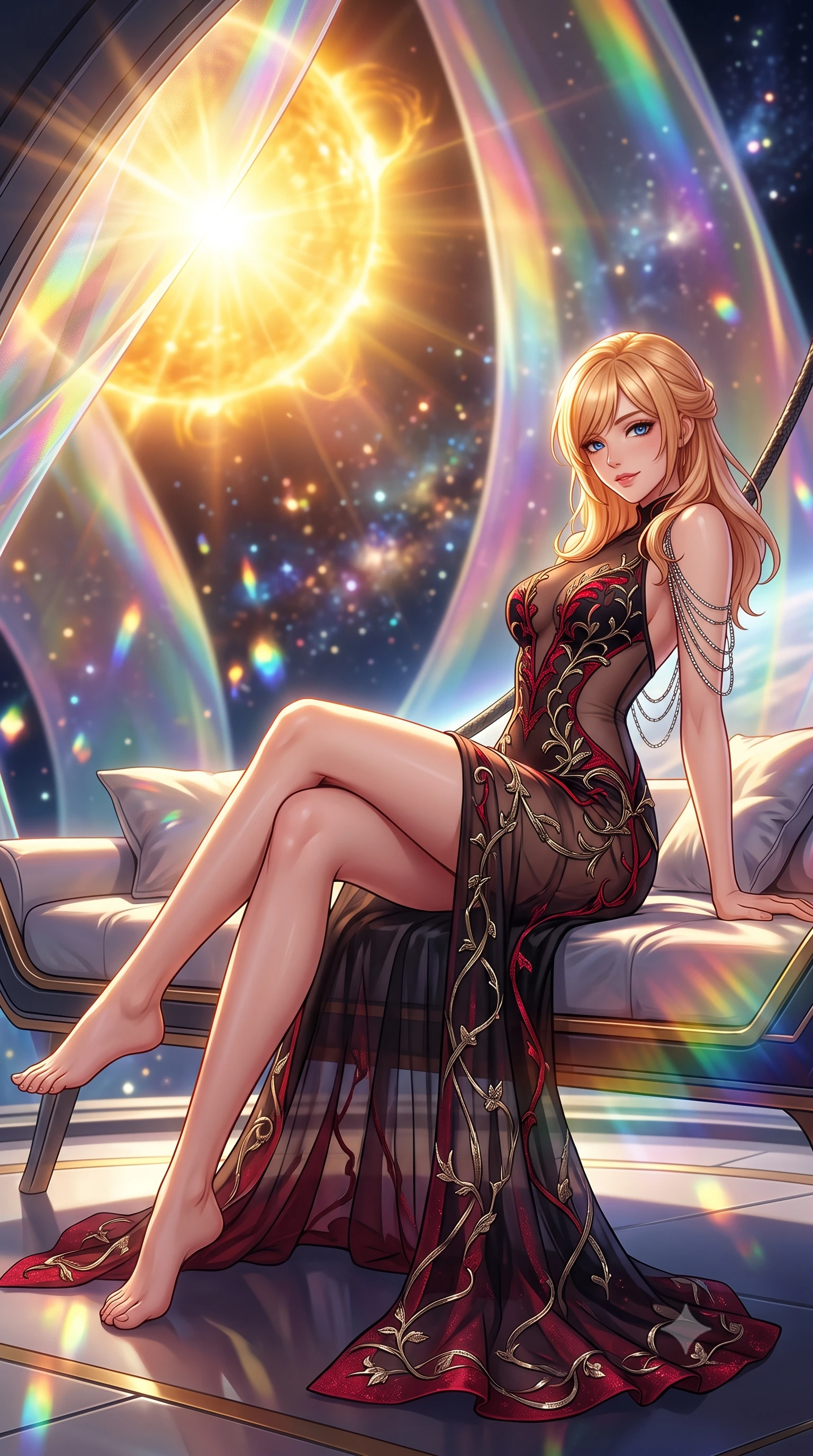 score_9, masterpiece, best quality, ultra-detailed, high-budget anime keyframe, semi-realistic 3D game render, editorial fashion photography, tasteful artistic composition, Caucasian woman. low angle full-body shot from head to toe showing her feet, filling the entire 9:16 vertical frame with her statuesque presence, stretching her vertical silhouette. lounging on the lavish daybed with legs crossed and hips angled toward the camera, displaying her toned midriff and long slender limbs with effortless siren poise while leaning against the zero-gravity carbon tether with hips cocked back, watching the blazing golden solar corona flare through polarizing solar sails with smoldering bedroom-eyes. The background shows a soft-focus monumental gossamer solar sail shifting through prismatic rainbow hues, blinding golden sunburst, and deep space star clusters blurred into diamond, gold, and rainbow prismatic bokeh. She has an exceptionally tall and slender model-like 8.5-heads proportion, an ultra-slim waist, a flat toned midriff, narrow delicate ribcage, and beautifully sculpted feminine hips creating a graceful, slim hourglass silhouette without any bulky heaviness, with impossibly long slender legs. sharp v-shaped jawline, high-bridge nose, intricate jewel-like sparkling eyes with depth, thick eyelashes, glossy parted lips with a natural peach sheen, bright cheerful beaming smile with an enchanting and coquettish sensual glint, exuding both youthful cute charm and seductive allure, flawlessly proportioned anatomical accuracy, strict slender model proportions, natural body alignment, perfectly sculpted long slender limbs, ultra-slim waistline, clean dynamic posture without body distortion. wearing a provocative sheer noir illusion mesh combat dress with embroidered climbing metallic ivy ribbons contouring her curves in Star-Fortress obsidian black and imperial crimson, featuring strategic sheer-illusion tulle side panels framing her ribcage and hips, accented with an open-back drape framed by falling strands of delicate chrome chains, the form-contouring silhouette accentuating her sculpted flat midriff, narrow delicate ribcage, and gracefully curvy hips with intoxicating allure. bathed in blinding warm golden solar radiance filtered through prismatic iridescent nano-films. highly saturated vibrant anime colors, detailed shading with soft gradients, rich glossy textures, high-contrast stereoscopic depth, volumetric dynamic lighting, master piece, 9:16 ratio