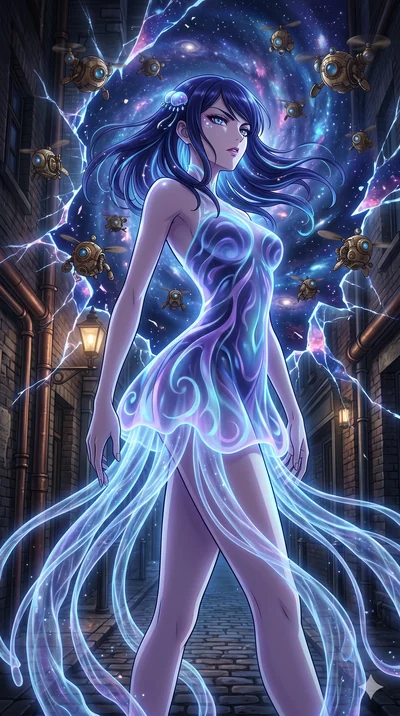 score_9, masterpiece, best quality, ultra-detailed, Set A: High-budget Anime Keyframe, Japanese woman. Upper body close-up from the thighs up, character filling the screen for maximum presence. Theme: Primal Nature. shattering the fabric of reality i
