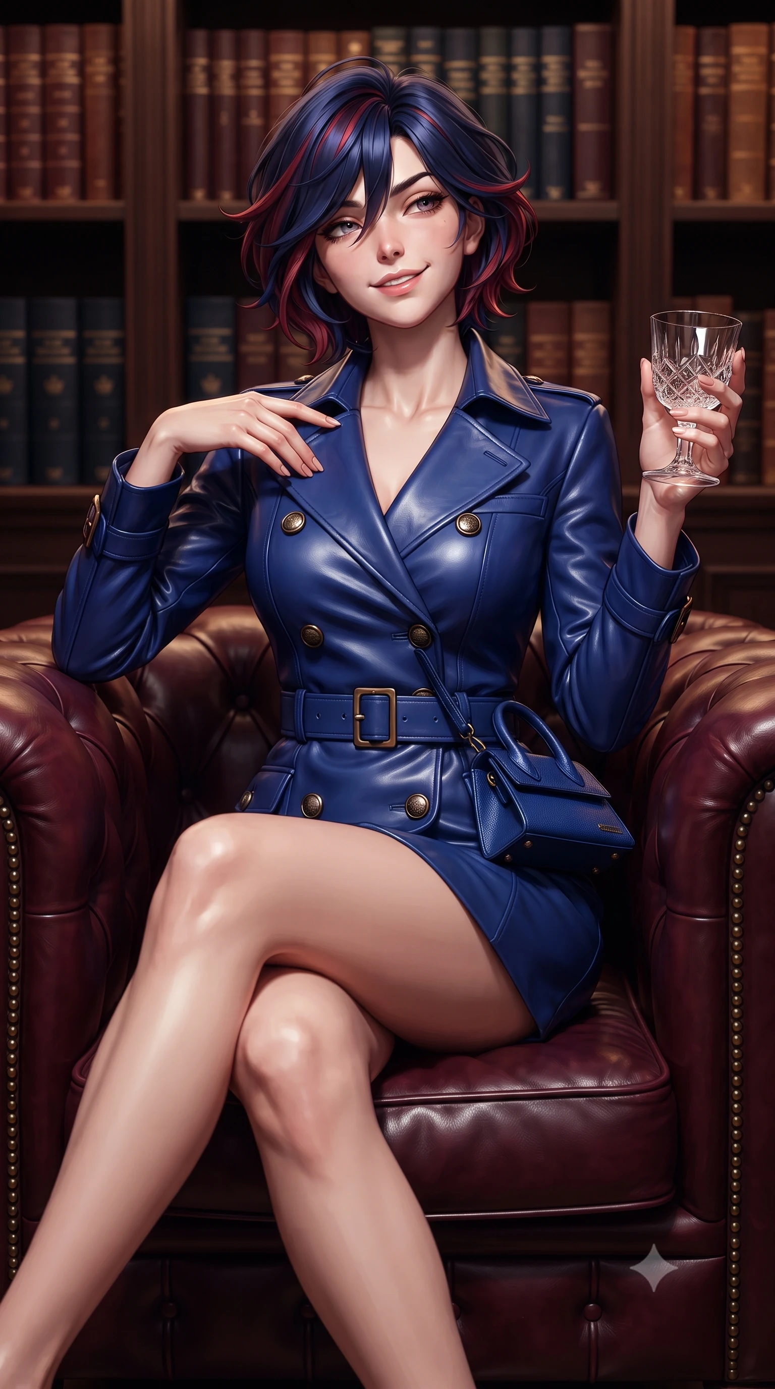 score_9, masterpiece, best quality, ultra-detailed, high-budget anime keyframe, editorial fashion photography, tasteful artistic composition, Korean woman. close-up cowboy shot from the waist and thighs up, the character dominates the composition, filling the frame with her large presence. tilting her chin up with a teasing half-smile, running one manicured hand lightly along her lapel with effortless magnetic allure while relaxing comfortably in a deep tufted burgundy Chesterfield armchair with legs crossed, holding a crystal glass with a knowing smile. The background shows a soft-focus shelves of leather-bound club registers softened in exclusive Mayfair sanctuary shallow focus. She has an exceptionally elegant, slender, and willowy female figure with an ultra-slim waist, flat toned midriff, narrow ribcage, and sculpted feminine hips creating an alluring, slim hourglass silhouette without bulk. sharp v-shaped jawline, high-bridge nose, intricate jewel-like sparkling eyes with depth, thick eyelashes, glossy parted lips with a natural peach sheen, bright cheerful beaming smile with an enchanting and coquettish sensual glint, exuding both youthful cute charm and seductive allure, flawlessly proportioned anatomical accuracy, strict slender model proportions, natural body alignment, perfectly sculpted long slender limbs, ultra-slim waistline, clean dynamic posture without body distortion. wearing a liquid-tight double-breasted tailored trench dress cinched firmly with a leather buckle belt to accentuate her hourglass curves in royal sapphire blue and antique brushed bronze, crafted from buttery-soft stretch lambskin leather adhering to her body like a second skin, finished with a structured leather micro-bag held lightly at her hip, the liquid-tight tailored fabric clinging flawlessly to her narrow waist and rounded feminine hips, emphasizing every millimeter of her sculpted slim hourglass curves without any bulky heaviness. illuminated by dark wood paneling reflection bounce and warm amber rim lights sculpting her cheekbones, waistline, and slender posture. ultra-reflective glossy finish, specular highlights, rich textural contrasts, high-contrast stereoscopic depth, volumetric dynamic lighting, 2k, ultra detail, master piece, 9:16 ratio