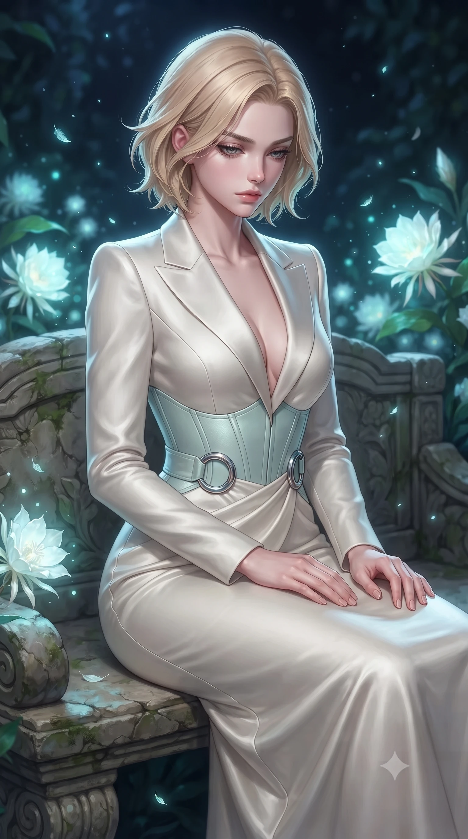 score_9, masterpiece, best quality, ultra-detailed, high-budget anime keyframe, editorial fashion photography, tasteful artistic composition, Caucasian woman. close-up cowboy shot from the waist and thighs up, the character dominates the composition, filling the frame with her large presence, background elements kept in soft focus. Looking down with lowered lashes and a composed, powerful aura, resting on a stone garden bench surrounded by floating bioluminescent pollen, night-blooming white moonflowers emitting soft bioluminescent turquoise and silver light. She has an exceptionally elegant, slender, and willowy female figure with an ultra-slim waist, a gracefully sculpted slender torso, and a refined silhouette. sharp v-shaped jawline, high-bridge nose, intricate jewel-like eyes with depth, thick eyelashes, glossy lips with a natural sheen. wearing tailored ivory tux dress with satin lapels and fitted waist in pale opal seafoam, made of liquid mercury jersey, accented with sculpted opal chrome rings at the waist, contouring every curve with an exceptionally elegant silhouette. bathed in cold silver moonlight with subtle turquoise rim highlights. highly saturated vibrant anime colors, detailed shading with soft gradients, rich glossy textures, high-contrast stereoscopic depth, volumetric dynamic lighting, master piece, 9:16 ratio