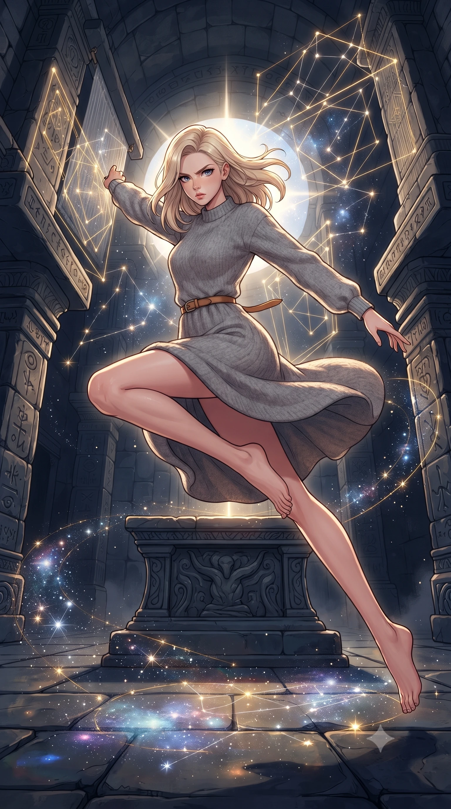 score_9, masterpiece, best quality, ultra-detailed, high-budget anime keyframe, gorgeous anime illustration, with clean line-art, distinct ink outlines, and high-contrast stereoscopic depth, Caucasian woman, strictly human ears. low angle full-body shot from head to toe showing her feet, filling the entire 9:16 vertical frame with her statuesque presence, stretching her vertical silhouette. vaulting dynamically through inside a temple where lines of gold and silver light are being woven by giant stone looms into constellations, starry threads floating in geometric patterns across the dark stone floor. She has a statuesque 8.5-heads proportion, an exceptionally tall, slender and willowy model-like build with impossibly long legs and a highly sculpted ultra-slim waist. sharp v-shaped jawline, high-bridge nose, intricate jewel-like eyes with depth, thick eyelashes, glossy lips with a natural sheen. wearing a soft grey wool-blend sweater dress with long sleeves, paired with a thin camel-colored leather belt. dramatic backlight creating a radiant halo effect around her entire silhouette. 2k, ultra detail, master piece, 9:16 ratio, highly saturated vibrant anime colors, detailed cel-shading with soft gradients, rich glossy textures, deep contrast, volumetric dynamic lighting, 2d animation style