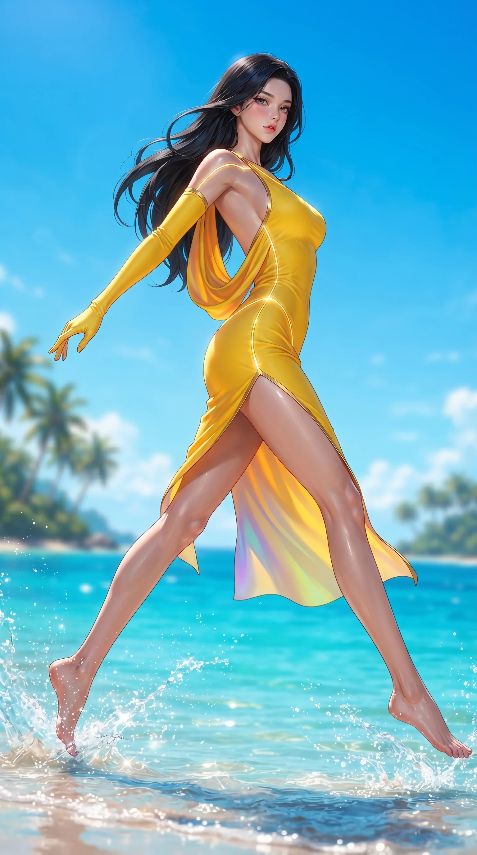 score_9, masterpiece, best quality, ultra-detailed, high-budget anime keyframe, editorial fashion photography, tasteful artistic composition, Korean woman. low angle full-body shot from head to toe showing her feet, filling the entire 9:16 vertical frame with her statuesque presence, stretching her vertical silhouette. leaping through mid-air with an athletic yet alluring arch of her spine, her impossibly long slender legs stretched in flawless poise while pivoting in mid-stride along the water edge as bright tropical sea spray sparkles in mid-air. The composition keeps background elements in soft focus with creamy bokeh. distant palm-lined islands and vibrant blue sky softened by shallow atmospheric focus. She has an absolutely perfect, statuesque 8.5-heads proportion, an exceptionally tall and slender model-like female figure with impossibly long slender legs, a toned flat midriff, and an ultra-slim waist. sharp v-shaped jawline, high-bridge nose, intricate jewel-like eyes with depth, thick eyelashes, glossy lips with a natural sheen, flawlessly proportioned anatomical accuracy, strict slender model proportions, natural body alignment, perfectly sculpted long slender limbs, ultra-slim waistline, clean dynamic posture without body distortion. wearing a precision-fitted liquid jersey bodycon dress with a dramatic draped cowl back that swoops down to her waist and a high side slit in vibrant sunburst canary yellow and gold trim, made of smooth iridescent silk chiffon that shifts colors with movement, accented with glowing fiber-optic seams tracing her collarbones and hip curves, the glove-like aerodynamic second-skin fit tightly clinging to her ultra-slender waist and athletic curves without adding bulk, accentuating her razor-sharp statuesque lines and slim hourglass silhouette. surrounded by a fresh, sun-soaked, and breathtakingly sensual tropical paradise ambiance. ultra-reflective glossy finish, specular highlights, metallic sheen, high-contrast stereoscopic depth, volumetric dynamic lighting, 2k, ultra detail, master piece, 9:16 ratio