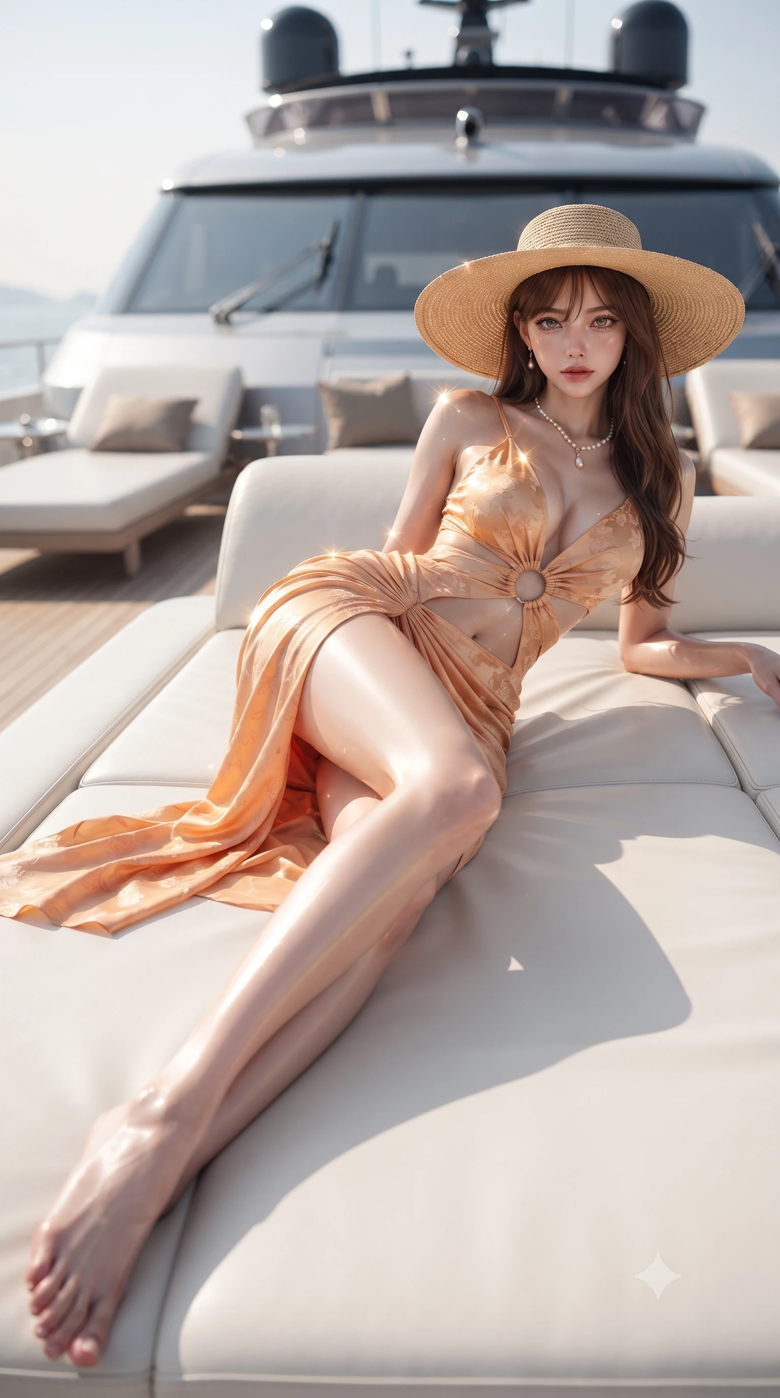 score_9, masterpiece, best quality, ultra-detailed, high-budget anime keyframe, editorial fashion photography, tasteful artistic composition, Korean woman. low angle full-body shot from head to toe showing her feet, filling the entire 9:16 vertical frame with her statuesque presence, stretching her vertical silhouette. leaning deep against the structural architecture with hips cocked in an unapologetically bold, seductive high-fashion stance while lying face down on a plush sunbed with head turned toward the camera, legs playfully bent at the knees to highlight her rounded hip silhouette. The composition keeps background elements in soft focus with creamy bokeh. sleek yacht superstructure and white leather loungers softened in dreamy cinematic focus. She has an absolutely perfect, statuesque 8.5-heads proportion, an exceptionally tall and slender model-like female figure with impossibly long slender legs, a toned flat midriff, an ultra-slim waist, and beautifully sculpted feminine hips. sharp v-shaped jawline, high-bridge nose, intricate jewel-like eyes with depth, thick eyelashes, glossy parted lips with a natural sheen, intensely captivating and seductive bedroom-eyes expression, flawlessly proportioned anatomical accuracy, strict slender model proportions, natural body alignment, perfectly sculpted long slender limbs, ultra-slim waistline, clean dynamic posture without body distortion. wearing a daring cutout silk chiffon gown with an exposed midriff ring and a draped hip-hugging sarong skirt in warm apricot and glowing solar champagne, tailored from smooth liquid silk satin with subtle floral jacquard, complemented by a wide-brim woven straw hat and pearl drop necklace, the second-skin form-contouring cut accentuating her sculpted flat midriff, narrow waistline, and dramatically curvy hips without adding bulk. illuminated by glowing specular sun glints defining her sculpted collarbones, ultra-slim waist, and curvy hips. ultra-reflective glossy finish, specular highlights, rich textural contrasts, high-contrast stereoscopic depth, volumetric dynamic lighting, 2k, ultra detail, master piece, 9:16 ratio