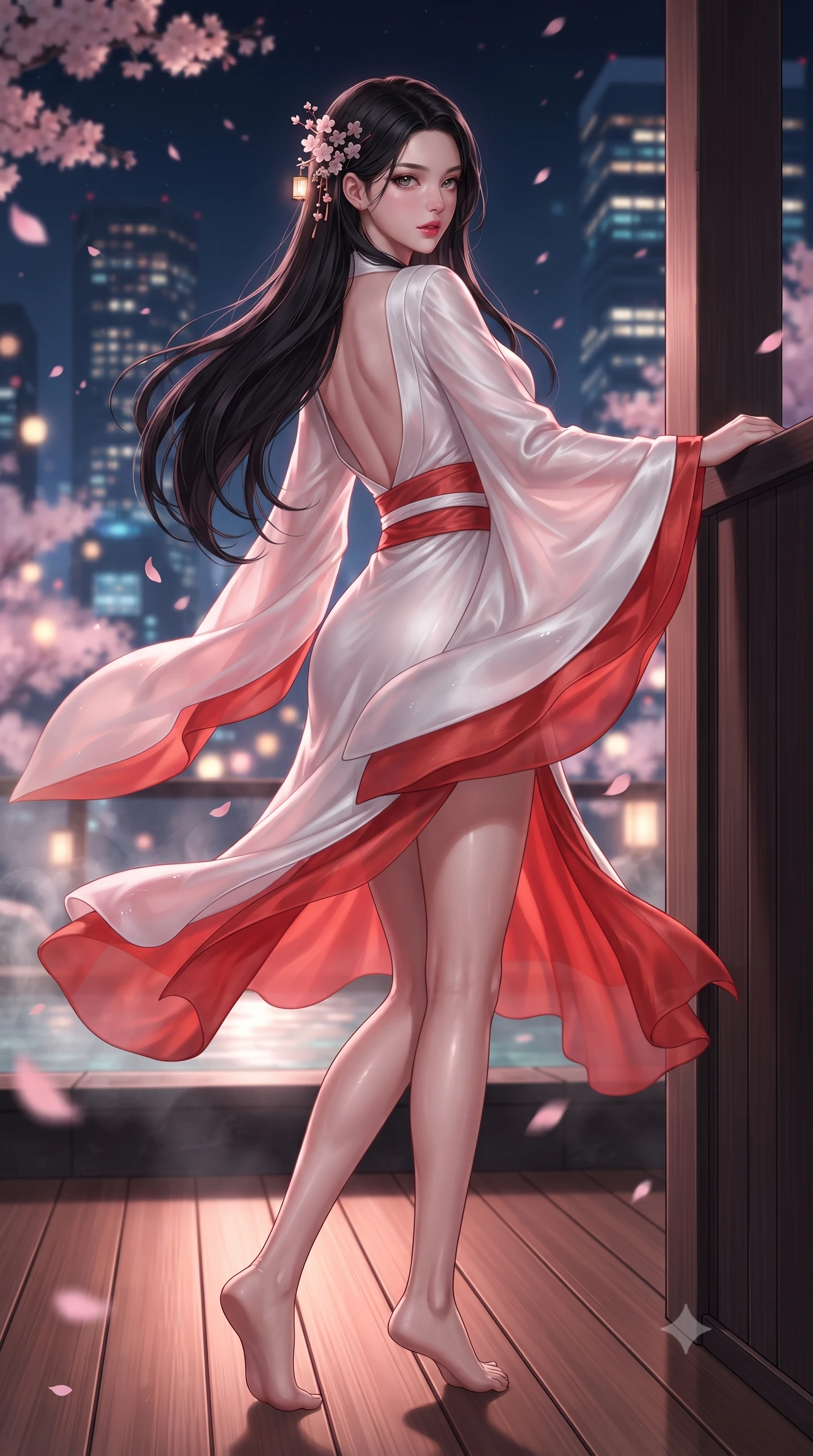 score_9, masterpiece, best quality, ultra-detailed, high-budget anime keyframe, editorial fashion photography, tasteful artistic composition, Korean woman. low angle full-body shot from head to toe showing her feet, filling the entire 9:16 vertical frame with her statuesque presence, stretching her vertical silhouette. executing an elegant mid-motion pivot turn as garments swirl around her slender limbs, glancing over her shoulder with an intoxicating bedroom-gaze while leaning back against a cedar bath partition overlooking glowing Tokyo skyscrapers, parted glossy lips reflecting pink neon lights. The composition keeps background elements in soft focus with creamy bokeh. swirling thermal steam clouds and falling sakura petals blurred into soft blossom-pink, warm amber, and deep cyan bokeh. She has an absolutely perfect, statuesque 8.5-heads proportion, an exceptionally tall and slender model-like female figure with impossibly long slender legs, a toned flat midriff, an ultra-slim waist, and beautifully sculpted feminine hips. sharp v-shaped jawline, high-bridge nose, intricate jewel-like eyes with depth, thick eyelashes, glossy parted lips with a natural sheen, intensely captivating and seductive bedroom-eyes expression, flawlessly proportioned anatomical accuracy, strict slender model proportions, natural body alignment, perfectly sculpted long slender limbs, ultra-slim waistline, clean dynamic posture without body distortion. wearing a traditional-modern silk fusion wrap dress with asymmetric trailing sleeves and waist-cinching obi in pure snow white and vermilion red, crafted from traditional Korean gossamer silk organza with pearlescent luster, accented with delicate cherry blossom hairpins and glowing paper lantern charms, the dramatically scooped open back descending to the base of her spine, accentuating her razor-sharp statuesque lines and curvy hourglass silhouette. bathed in soft pink cherry blossom ambient glow and warm underwater mineral pool lights. ultra-reflective glossy finish, specular highlights, rich textural contrasts, high-contrast stereoscopic depth, volumetric dynamic lighting, 2k, ultra detail, master piece, 9:16 ratio