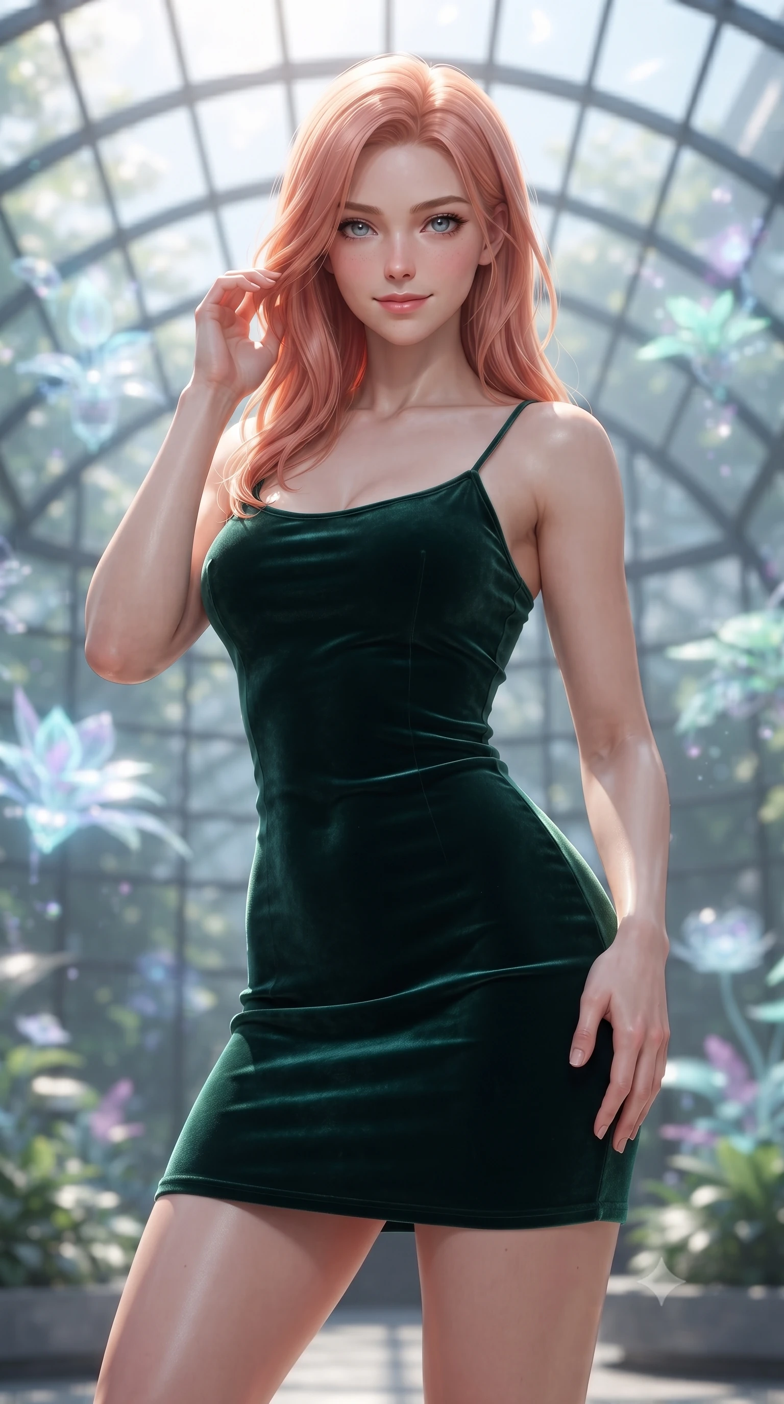 score_9, masterpiece, best quality, ultra-detailed, high-budget anime keyframe, editorial fashion photography, tasteful artistic composition, Japanese woman woman. close-up cowboy shot from the waist and thighs up, the character dominates the composition, filling the frame with her large presence, background elements kept in soft focus. She has an exceptionally elegant, slender, and willowy female figure with an ultra-slim waist, a gracefully sculpted slender torso, and a refined silhouette. smiling with quiet, magnetic self-assurance directly into the camera lens, flawlessly proportioned anatomical accuracy, natural body alignment, perfectly sculpted elegant limbs, clean dynamic posture without body distortion. set against a soft-focus background of a futuristic botanical pavilion with floating hologram plants. wearing a fitted dark emerald velvet slip dress with a smooth liquid sheen and delicate straps. bathed in dappled morning sunlight filtering through glass roof grid structures. ultra-reflective glossy finish, specular highlights, metallic sheen, high-contrast stereoscopic depth, volumetric dynamic lighting, 2k, ultra detail, master piece, 9:16 ratio