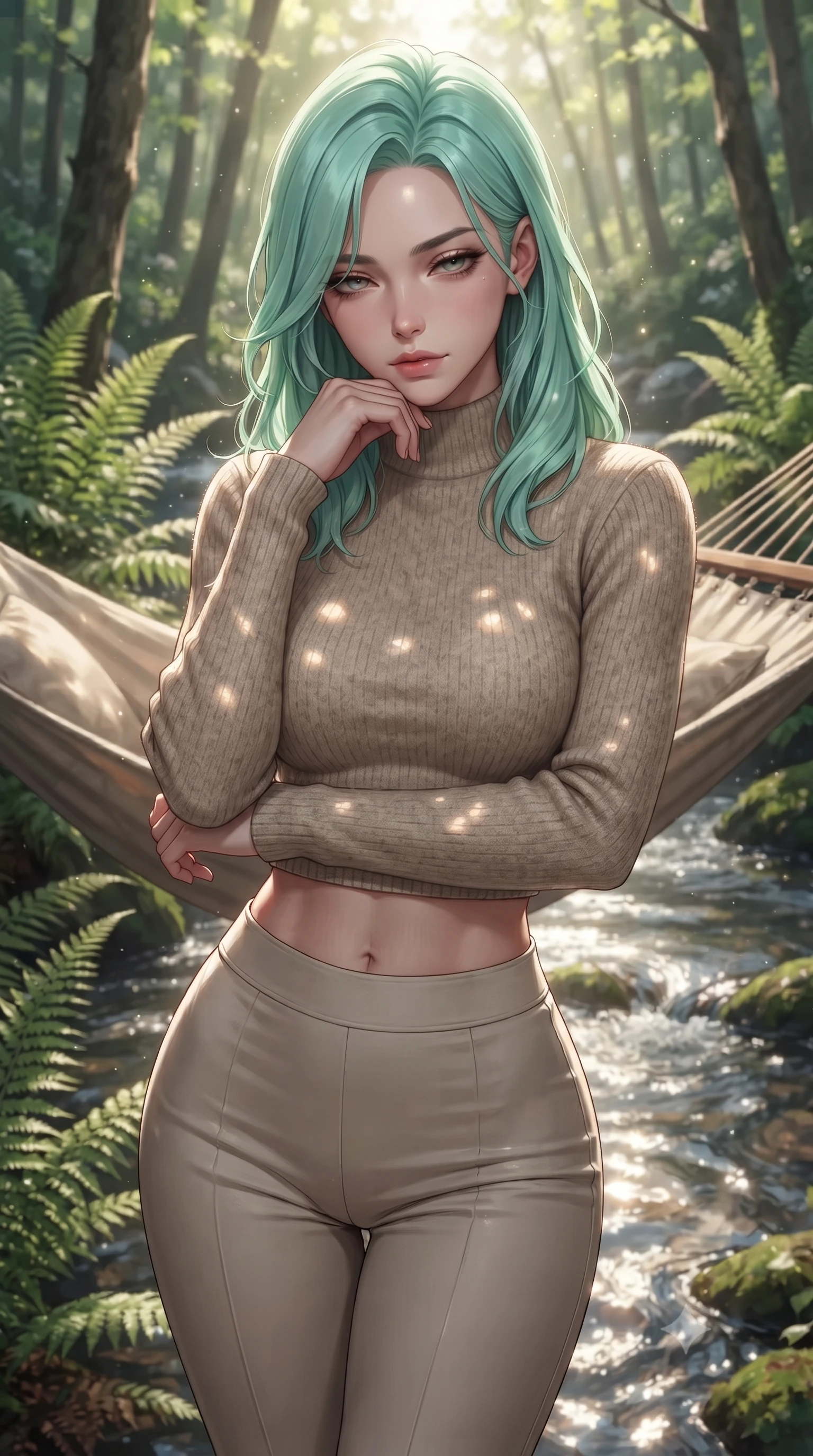 score_9, masterpiece, best quality, ultra-detailed, high-budget anime keyframe, editorial fashion photography, tasteful artistic composition, Japanese woman. close-up cowboy shot from the waist and thighs up, the character dominates the composition, filling the frame with her large presence, background elements kept in soft focus. resting her chin on the backs of her fingers, casting a heavy-lidded, sultry look past the camera the background shows a soft-focus a cozy hammock lounge surrounded by tall ferns and a bubbling forest stream. She has an exceptionally elegant, slender, and willowy female figure with an ultra-slim waist, a gracefully sculpted slender torso, and a refined silhouette. sharp v-shaped jawline, high-bridge nose, intricate jewel-like eyes with depth, thick eyelashes, glossy lips with a natural sheen. wearing a form-contouring tight-fitting crop sweater in oatmeal wool, paired with high-waisted form-fitting pants. dappled sunbeams reflecting off the moving water surface onto her form. ultra-reflective glossy finish, specular highlights, metallic sheen, high-contrast stereoscopic depth, volumetric dynamic lighting, 2k, ultra detail, master piece, 9:16 ratio