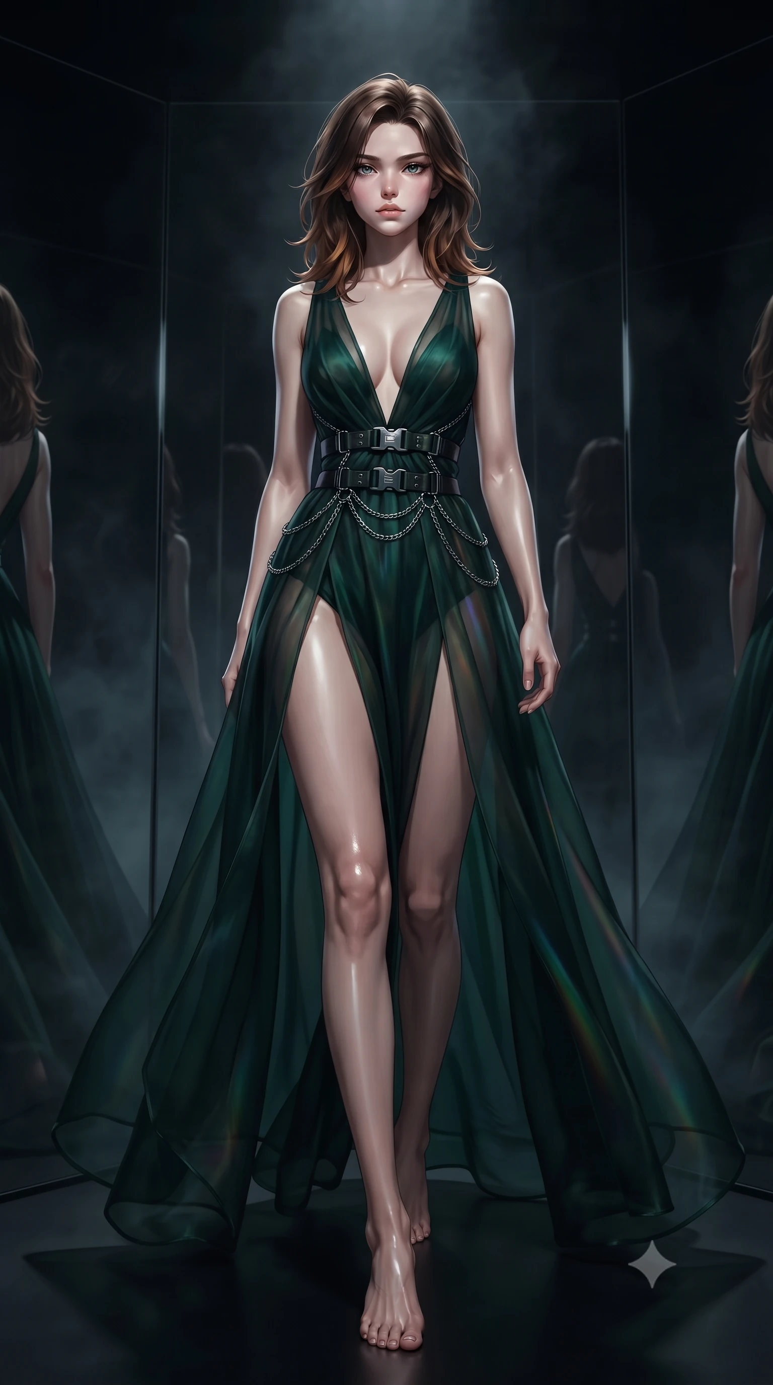 score_9, masterpiece, best quality, ultra-detailed, high-budget anime keyframe, editorial fashion photography, tasteful artistic composition, Korean woman. low angle full-body shot from head to toe showing her feet, filling the entire 9:16 vertical frame with her statuesque presence, stretching her vertical silhouette. forging confidently through the dark atmospheric mist, holding a poised statuesque stance, navigating a dark mirror maze with infinite shadowy reflections stretching into darkness, infinite dark mirror reflections fading into deep obsidian shadows. She has an absolutely perfect, statuesque 8.5-heads proportion, an exceptionally tall and slender model-like female figure with impossibly long slender legs and an ultra-slim waist. sharp v-shaped jawline, high-bridge nose, intricate jewel-like eyes with depth, thick eyelashes, glossy lips with a natural sheen. wearing deep plunging V-neckline midnight gown with daring high thigh slit in deep emerald green, made of sheer dark organza overlay, framed by dark titanium buckles and silver chain details, sculpting her athletic slender build with refined precision. lit by a single piercing key ray refracting into multi-color dark spectrums. ultra-reflective glossy finish, specular highlights, metallic sheen, high-contrast stereoscopic depth, volumetric dynamic lighting, 2k, ultra detail, master piece, 9:16 ratio