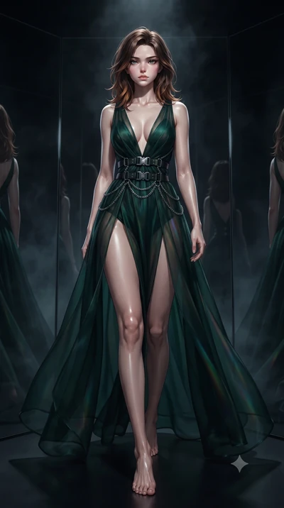 score_9, masterpiece, best quality, ultra-detailed, high-budget anime keyframe, editorial fashion photography, tasteful artistic composition, Korean woman. low angle full-body shot from head to toe showing her feet, filling the entire 9:16 vertical f