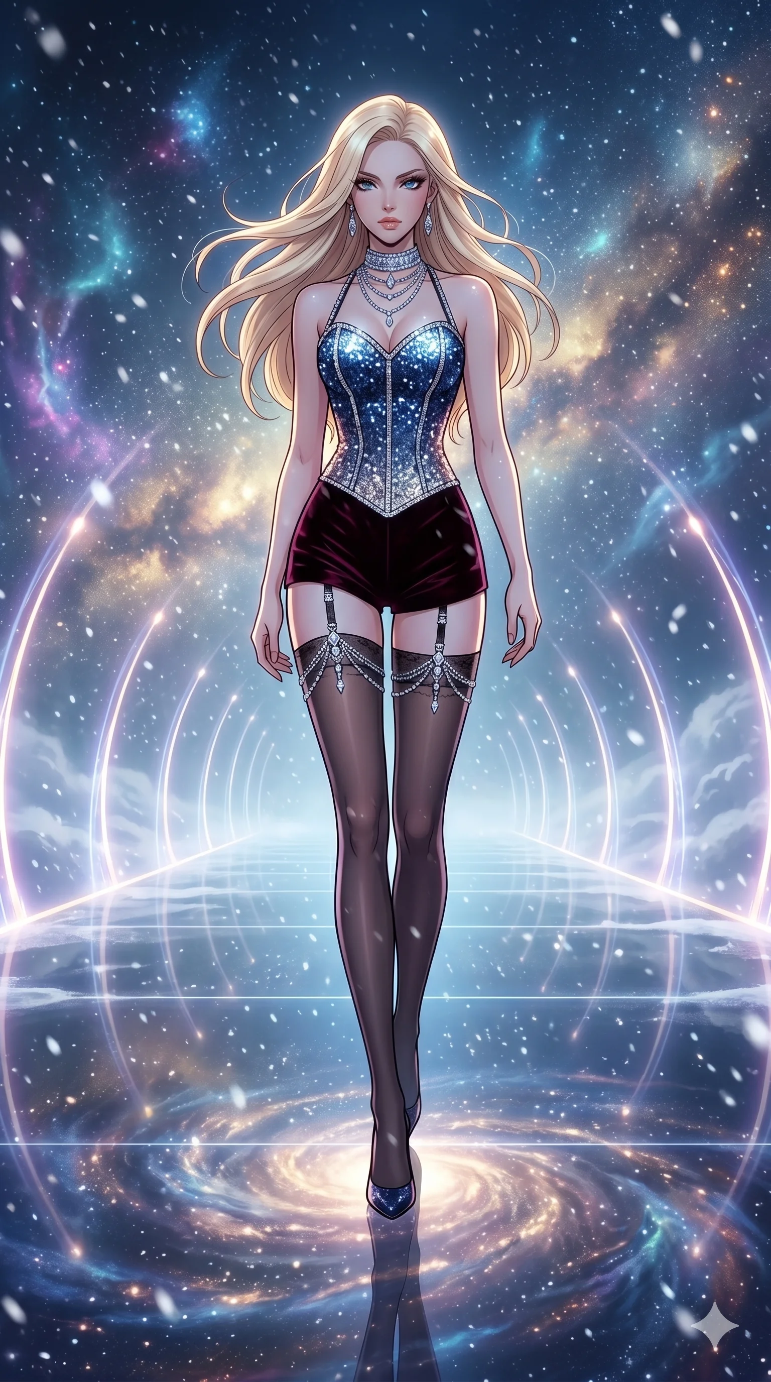 score_9, masterpiece, best quality, ultra-detailed, high-budget anime movie keyframe, cinematic anime lighting, intricate line art, Caucasian (strictly human ears) woman. Dynamic full-body shot stretching the vertical silhouette across the 9:16 frame. walking through a blizzard in a celestial bridge made of light in a mist of stardust. She has an absolutely perfect 8-heads proportion, an exceptionally tall and slender female figure with an ultra-slim waist and impossibly long slender legs. sharp v-shaped jawline, high-bridge nose, intricate jewel-like eyes, thick eyelashes, glossy lips. Wearing luxurious K-pop idol stage outfit featuring a sparkling sequined corset, high-cut velvet shorts, and sheer silk stockings with garter belts, accessorized with crystal chokers. The scene is illuminated by dramatic atmospheric lighting and vibrant color palettes. , 2k, ultra detail, master piece, 9:16 ratio