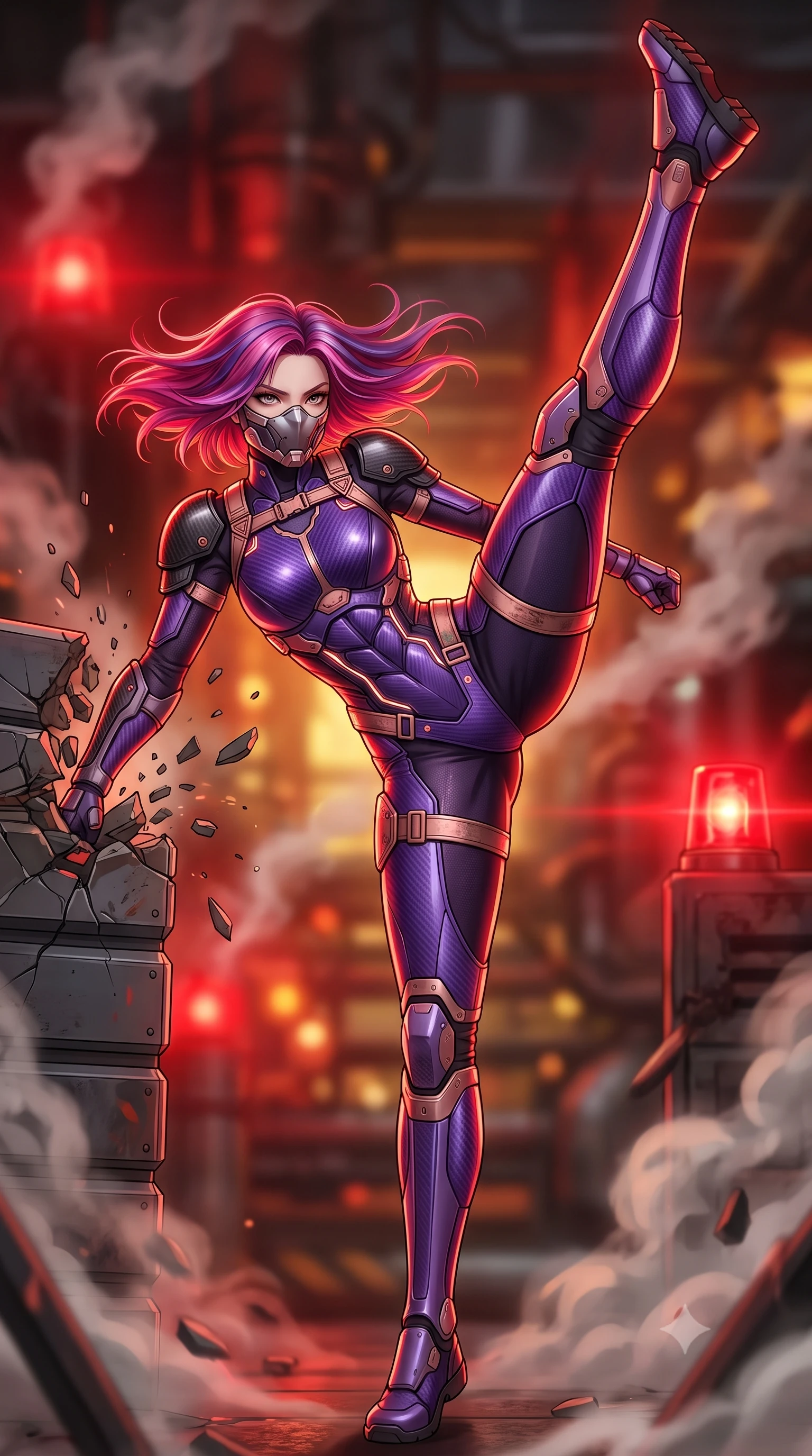score_9, masterpiece, best quality, ultra-detailed, high-budget anime keyframe, semi-realistic 3D game render, editorial fashion photography, tasteful artistic composition, Caucasian woman. low angle full-body shot from head to toe showing her feet, filling the entire 9:16 vertical frame with her statuesque presence, stretching her vertical silhouette. executing a breathtaking zero-gravity high-kick with full 180-degree vertical extension, her impossibly long slender legs dominating the frame with razor-sharp poise while pivoting dynamically through escaping coolant steam as her heavy carbon shoulder guards smash through steel barricades. The composition keeps background elements in soft focus with creamy bokeh. pulsing red hazard beacons and drifting industrial steam plumes blurred into fiery crimson, amber, and charcoal bokeh. She has an absolutely perfect, statuesque 8.5-heads proportion, an exceptionally tall and slender model-like female figure with impossibly long slender legs, a toned flat midriff, and an ultra-slim waist. sharp v-shaped jawline, high-bridge nose, intricate jewel-like eyes with depth, thick eyelashes, glossy lips with a natural sheen, fierce and resolute heroine expression, flawlessly proportioned anatomical accuracy, strict slender model proportions, natural body alignment, perfectly sculpted long slender limbs, ultra-slim waistline, clean dynamic posture without body distortion. wearing a sleek titanium half-face combat rebreather guard protecting her lower jaw while leaving her expressive eyes and long hair flowing freely, paired with an ultra-sleek high-gloss carbon-composite exoskeleton suit featuring kinetic shock-absorbing shin guards and flexible limb articulation joints in royal purple carbon fiber with distressed rose-gold hardware and buckles, formed from high-gloss patent carbon-plating with specular dystopian chiaroscuro reflections, reinforced by a heavy-duty titanium tactical harness and glowing micro-energy status straps, the precision-cut daring openings accentuating her delicate midriff, graceful bare collarbones, and ultra-slim feminine waistline. bathed in intense pulsing red hazard strobe lighting and warm golden emergency lamp fill. rich saturated anime colors with glowing neon highlights, detailed shading with soft gradients, rich glossy textures, high-contrast stereoscopic depth, volumetric dynamic lighting, master piece, 9:16 ratio