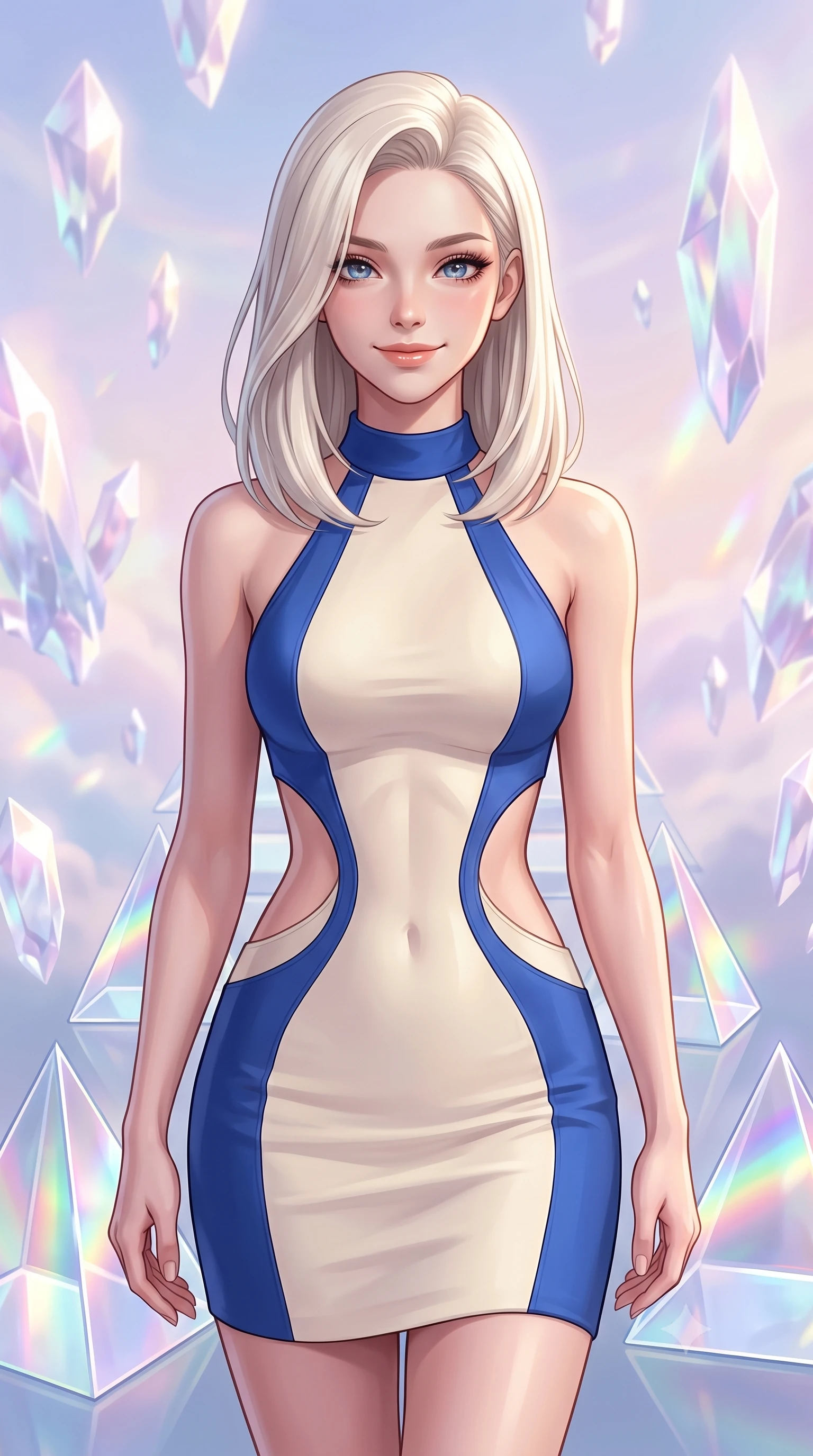 score_9, masterpiece, best quality, ultra-detailed, high-budget anime keyframe, editorial fashion photography, tasteful artistic composition, Caucasian woman, strictly human ears. close-up cowboy shot from the waist and thighs up, the character dominates the composition, filling the frame with her large presence, background elements kept in soft focus. Casting a soft, warm, affectionate smile with glowing eyes. set against a soft-focus background of on a pathway made of solid triangular glass prisms floating in a pastel sky, bending all light that passes through it. She has an exceptionally elegant, slender, and willowy female figure with a highly-defined ultra-slim waist, a gracefully sculpted slender torso, and a refined slim-fit silhouette that contours her form. sharp v-shaped jawline, high-bridge nose, intricate jewel-like eyes with depth, thick eyelashes, glossy lips with a natural sheen. wearing a structured halter-neck bodycon dress in two-tone cobalt blue and cream, with curved waist cutouts. ethereal pearlescent light emanating from floating crystalline formations all around. 2k, ultra detail, master piece, 9:16 ratio