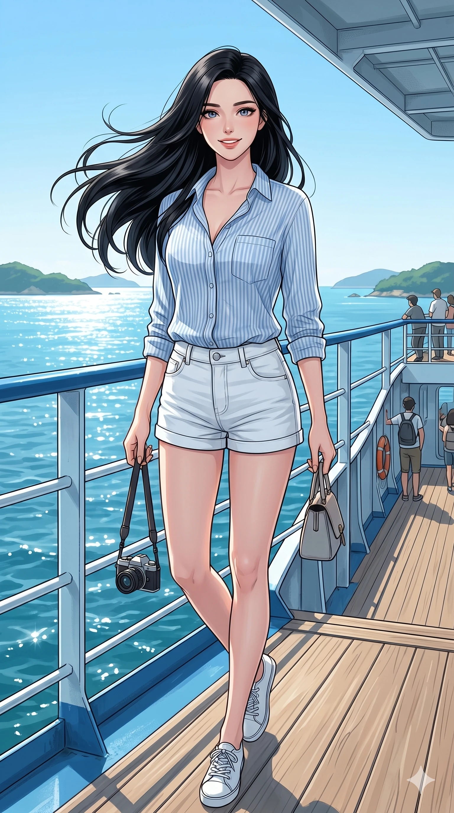 score_9, score_8_up, score_7_up, source_anime, masterpiece, best quality, ultra-detailed, same character with long flowing black hair, wearing a blue striped button-down shirt and white shorts, full body shot standing on the deck of a ferry, wind blowing through her hair, sparkling blue sea and islands in the background, travel vibe, 2k, 9:16 ratio
