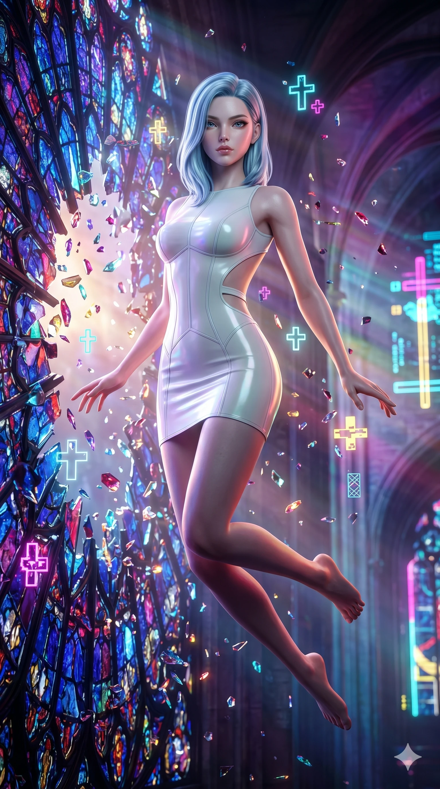 score_9, masterpiece, best quality, ultra-detailed, high-budget anime keyframe, semi-realistic 3D game render, Korean woman. Upper body close-up from the thighs up, character filling the screen for maximum presence. She is leaping through shattered stained glass of a neon-lit futuristic cathedral. She maintains a serene yet captivating expression amidst a rain of glowing shards and floating digital cross symbols. She has an absolutely perfect 8-heads proportion, an exceptionally tall and slender female figure with impossibly long slender legs and an ultra-slim waist. V-shaped jawline, high-bridge nose, intricate jewel-like eyes with depth, thick eyelashes, glossy lips with a natural sheen. She is wearing a second-skin fashion-latex mini dress with a clean architectural front, featuring an open-back design that wraps around the sides of her waist, showcasing her slender silhouette. The scene is backlit by intense multi-colored neon light rays and volumetric dawn light filtering through fog. 2k, ultra detail, master piece, 9:16 ratio