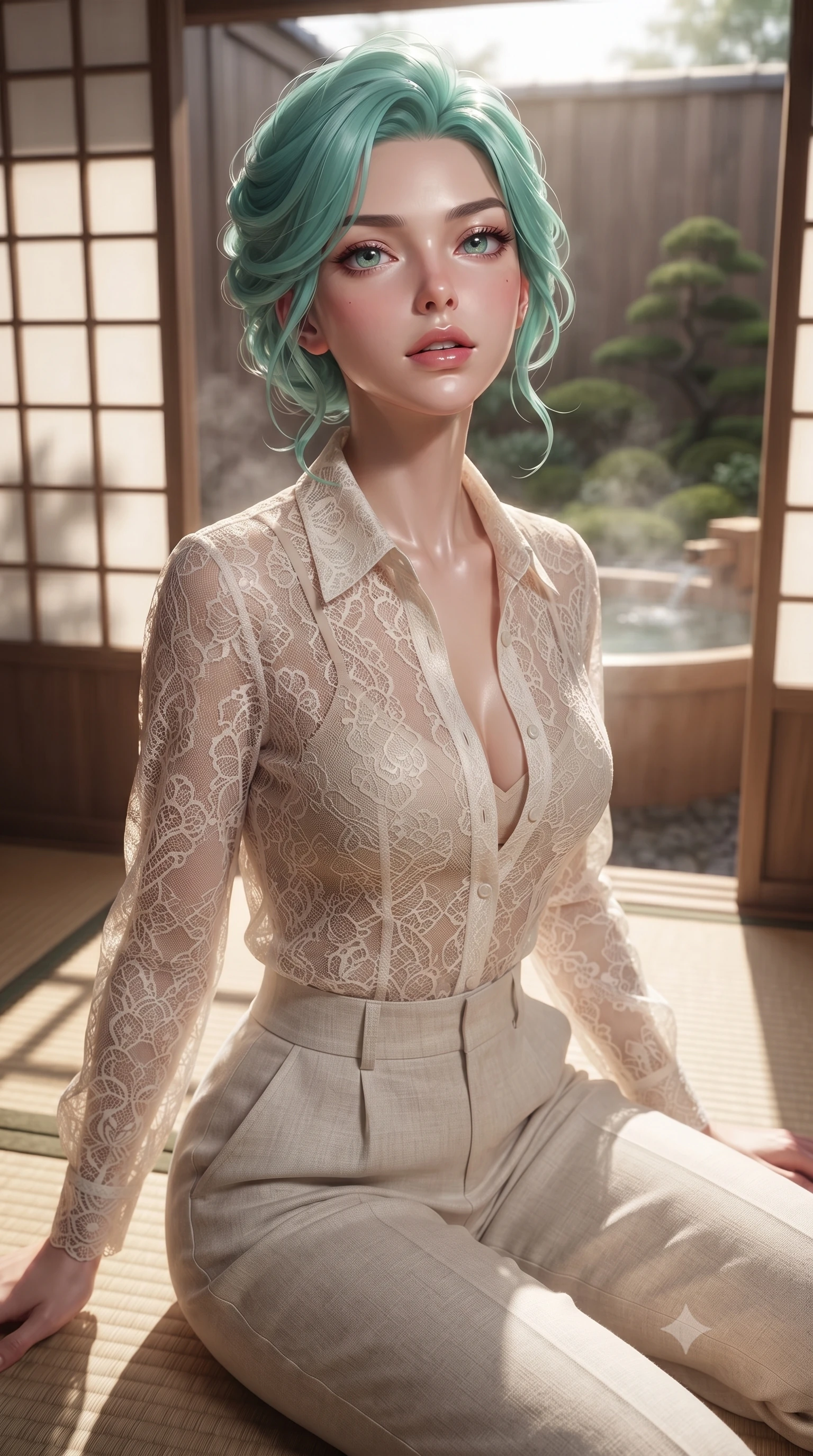 score_9, masterpiece, best quality, ultra-detailed, high-budget anime keyframe, editorial fashion photography, tasteful artistic composition, Japanese woman woman. close-up cowboy shot from the waist and thighs up, the character dominates the composition, filling the frame with her large presence, background elements kept in soft focus. tilting her chin up slightly with lips parted in a composed, provocative expression the background shows a soft-focus a private cypress wood bath (hinoki) facing a small moss garden through sliding doors. She has an exceptionally elegant, slender, and willowy female figure with an ultra-slim waist, a gracefully sculpted slender torso, and a refined silhouette. sharp v-shaped jawline, high-bridge nose, intricate jewel-like eyes with depth, thick eyelashes, glossy lips with a natural sheen. wearing a tailored sheer lace blouse in ivory white, worn over a simple beige bralette and high-waisted linen trousers. soft late afternoon sunrays casting long wooden grid shadows on the tatami. ultra-reflective glossy finish, specular highlights, metallic sheen, high-contrast stereoscopic depth, volumetric dynamic lighting, 2k, ultra detail, master piece, 9:16 ratio