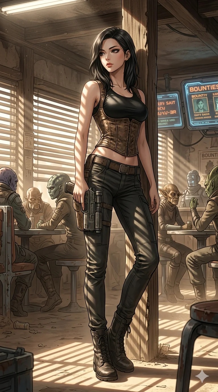 score_9, masterpiece, best quality, ultra-detailed, high-budget anime keyframe, an incredibly beautiful Japanese woman. Full-body shot stretching the vertical silhouette, dominating the 9:16 frame. She is a bounty hunter resting in a dusty cantina. She possesses a statuesque height and a towering silhouette, highlighting her long slender legs and perfect 8-heads proportion. Her face is a flawless masterpiece with a sharp v-shaped jawline, high-bridge nose, expressive jewel-like eyes, thick eyelashes, and perfectly glossy lips. She is wearing a weathered leather corset and a tight-fitting crop top. A sci-fi desert tavern with alien patrons and harsh sunlight streaming through the blinds., 2k, ultra detail, master piece, 9:16 ratio