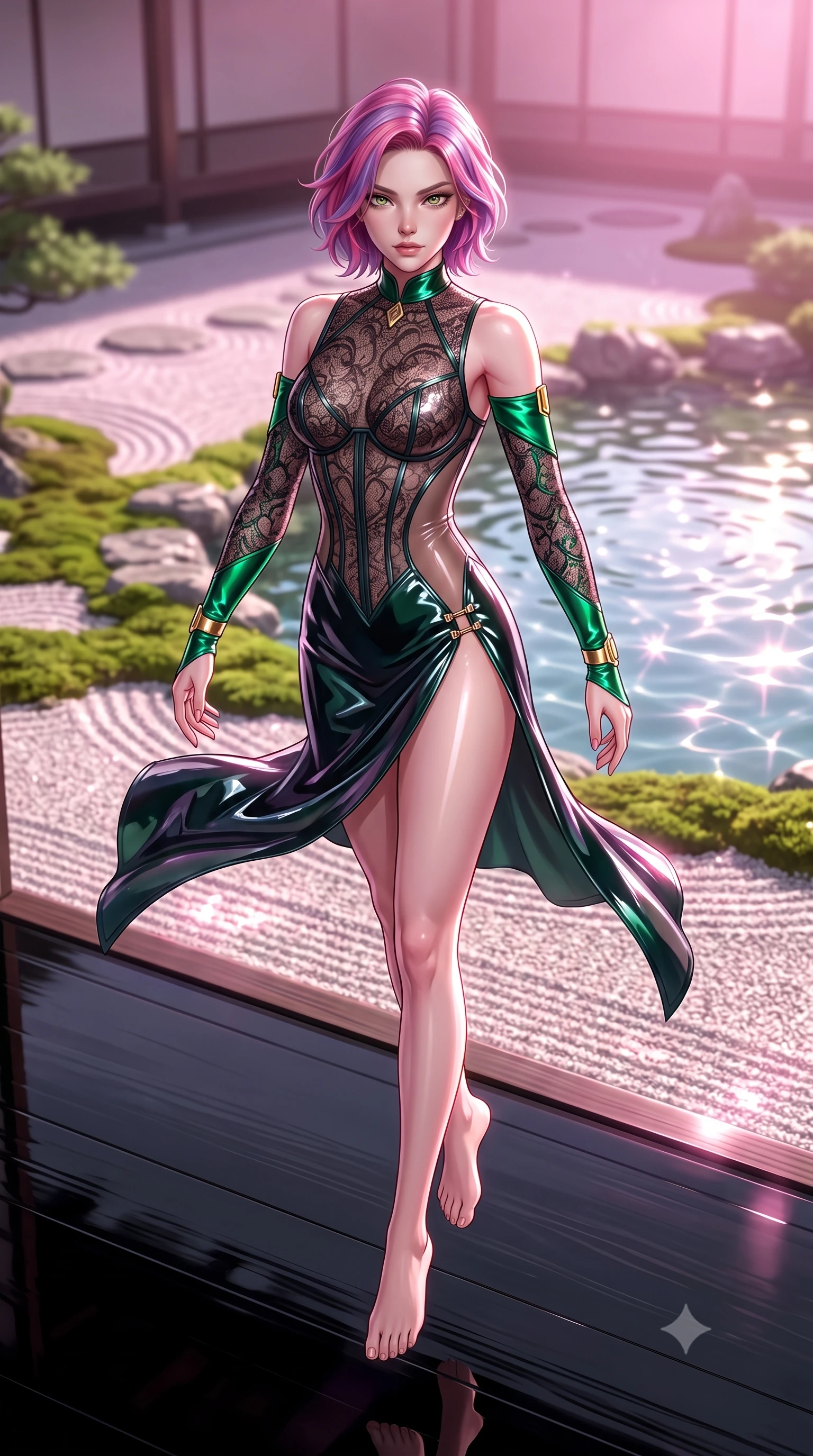 score_9, masterpiece, best quality, ultra-detailed, high-budget anime keyframe, semi-realistic 3D game render, editorial fashion photography, tasteful artistic composition, Caucasian woman. low angle full-body shot from head to toe showing her feet, filling the entire 9:16 vertical frame with her statuesque presence, stretching her vertical silhouette. performing an alluring mid-air vault with flawless poise, looking directly into the camera with smoldering intensity while resting on a polished black lacquer veranda overlooking a manicured zen garden in radiant morning sun. The composition keeps background elements in soft focus with creamy bokeh. sunlit pond ripples creating soft, undulating light patterns across the background. She has an absolutely perfect, statuesque 8.5-heads proportion, an exceptionally tall and slender model-like female figure with impossibly long slender legs, a toned flat midriff, and an ultra-slim waist. sharp v-shaped jawline, high-bridge nose, intricate jewel-like eyes with depth, thick eyelashes, glossy lips with a natural sheen, flawlessly proportioned anatomical accuracy, strict slender model proportions, natural body alignment, perfectly sculpted long slender limbs, ultra-slim waistline, clean dynamic posture without body distortion. wearing a sheer dark lace pattern bodysuit with structured corsetry boning, sheer contouring side panels, and detached lace sleeves in bright emerald green satin and gold hardware, formed from high-gloss patent material with specular light reflections, finished with an ultra-high side slit secured by miniature magnetic clasps, the form-contouring material adhering flawlessly to her sculpted flat midriff and slender torso, emphasizing her long leg lines and perfectly proportioned willowy build. illuminated by soft glowing pink ambient light and sparkling water refractions. highly saturated vibrant anime colors, detailed shading with soft gradients, rich glossy textures, high-contrast stereoscopic depth, volumetric dynamic lighting, master piece, 9:16 ratio