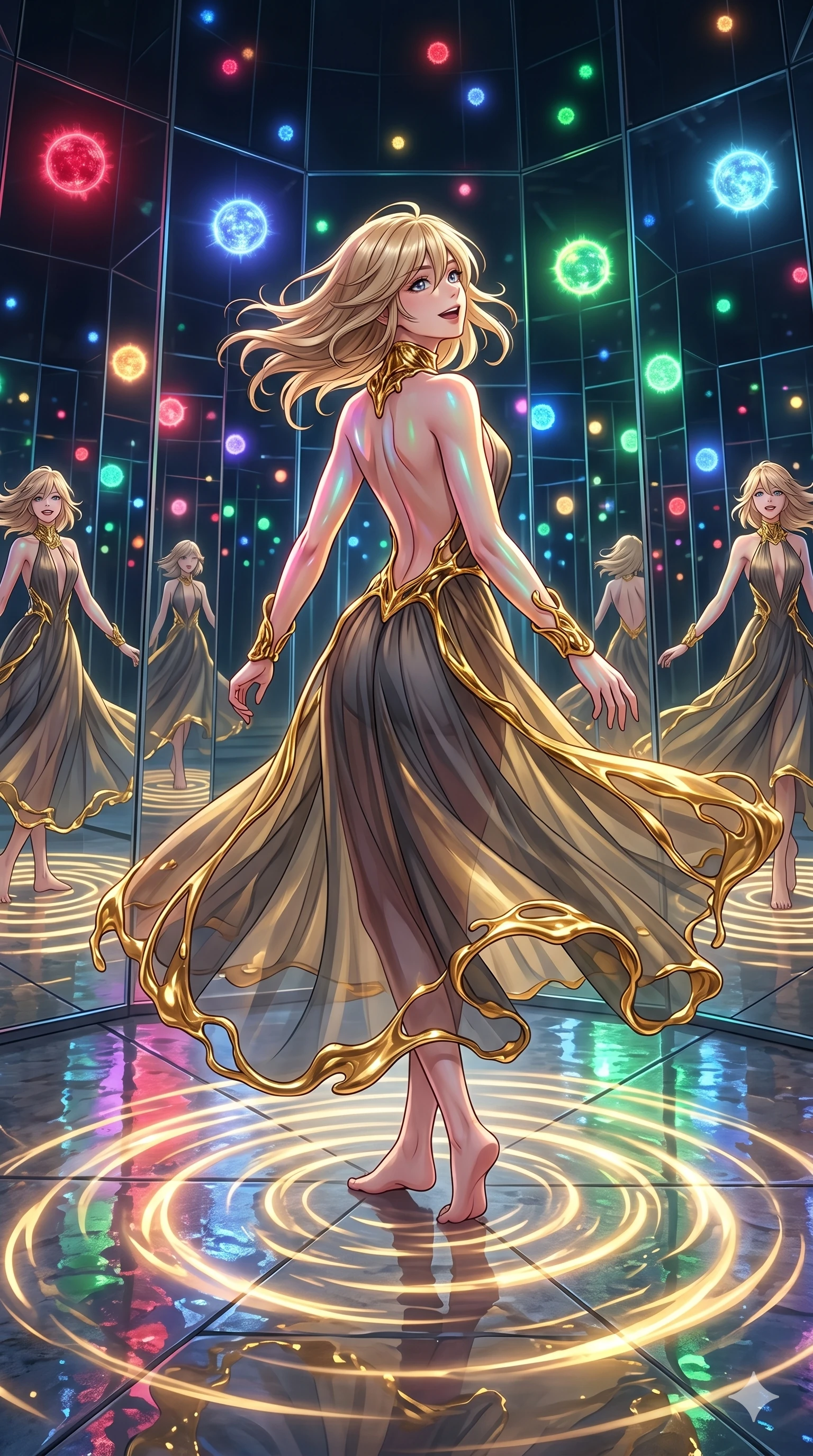 score_9, masterpiece, best quality, ultra-detailed, high-budget anime keyframe, editorial fashion photography, tasteful artistic composition, Japanese woman. low angle full-body shot from head to toe showing her feet, filling the entire 9:16 vertical frame with her statuesque presence, stretching her vertical silhouette. spinning in the center of through an ethereal mirror maze where every mirror reflects a different colored sun as waves of warm golden light ripple outward from her steps. She has an absolutely perfect 8-heads proportion, an exceptionally tall and slender female figure with impossibly long slender legs and an ultra-slim waist. V-shaped jawline, high-bridge nose, intricate jewel-like eyes with depth, thick eyelashes, glossy lips with a natural sheen.. wearing a molten gold and chiffon gown, featuring organic liquid gold collar and cuffs on a translucent charcoal-gray halter neck chiffon gown with a open-back architectural design. illuminated by the brilliant neon reflections bouncing off wet surfaces, emphasizing her skin tone. 2k, ultra detail, master piece, 9:16 ratio