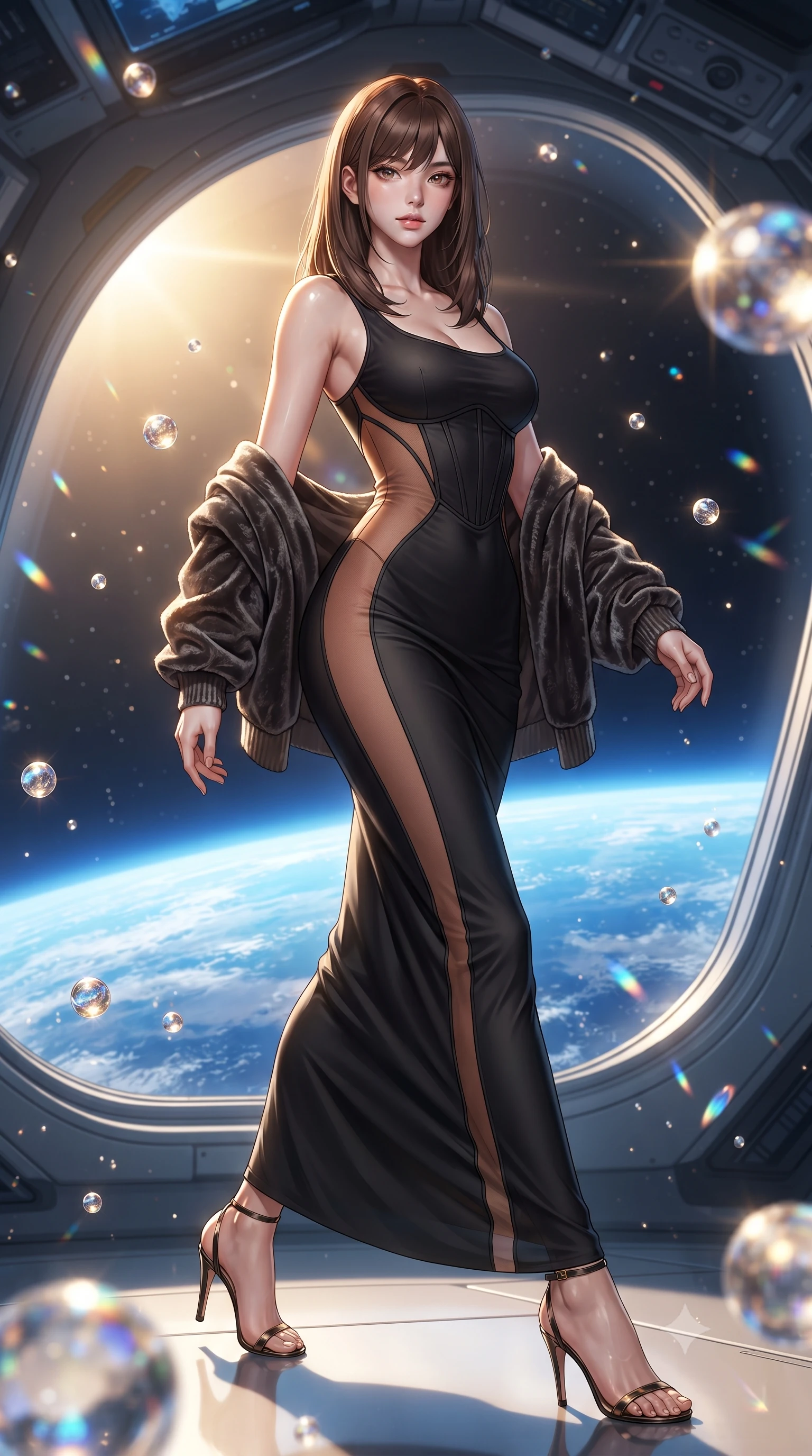 score_9, masterpiece, best quality, ultra-detailed, high-budget anime keyframe, editorial fashion photography, tasteful artistic composition, Korean woman. low angle full-body shot from head to toe showing her feet, filling the entire 9:16 vertical frame with her statuesque presence, stretching her vertical silhouette. striding forward in a proud supermodel runway stride, hips swaying in an alluring kinetic rhythm that accentuates her curvy hourglass silhouette while leaning forward against the massive curved panoramic viewport overlooking the brilliant blue curve of Earth, hips cocked back in an intoxicating zero-gravity posture. The composition keeps background elements in soft focus with creamy bokeh. floating zero-gravity champagne spheres and prism reflections scattering radiant celestial light motes. She has an exceptionally tall and slender model-like 8.5-heads proportion, an ultra-slim waist, a flat toned midriff, narrow delicate ribcage, and beautifully sculpted feminine hips creating a graceful, slim hourglass silhouette without any bulky heaviness, with impossibly long slender legs. sharp v-shaped jawline, high-bridge nose, intricate jewel-like eyes with depth, thick eyelashes, glossy parted lips with a natural sheen, intensely captivating and seductive bedroom-eyes expression, flawlessly proportioned anatomical accuracy, strict slender model proportions, natural body alignment, perfectly sculpted long slender limbs, ultra-slim waistline, clean dynamic posture without body distortion. wearing a second-skin black silk jersey maxi dress with asymmetrical sheer mesh side panels tracing the full curve of her hip in desert terracotta copper and sun-baked sand gold, made of fluid silk crepe with delicate inner corsetry boning, complemented by a plush velvet shawl draped loosely over her elbows, the second-skin form-contouring cut accentuating her sculpted flat midriff, narrow delicate ribcage, and gracefully curvy hips with supermodel precision. bathed in radiant golden orbital sunrise backlighting and ambient cool blue Earth glow from below. ultra-reflective glossy finish, specular highlights, rich textural contrasts, high-contrast stereoscopic depth, volumetric dynamic lighting, 2k, ultra detail, master piece, 9:16 ratio