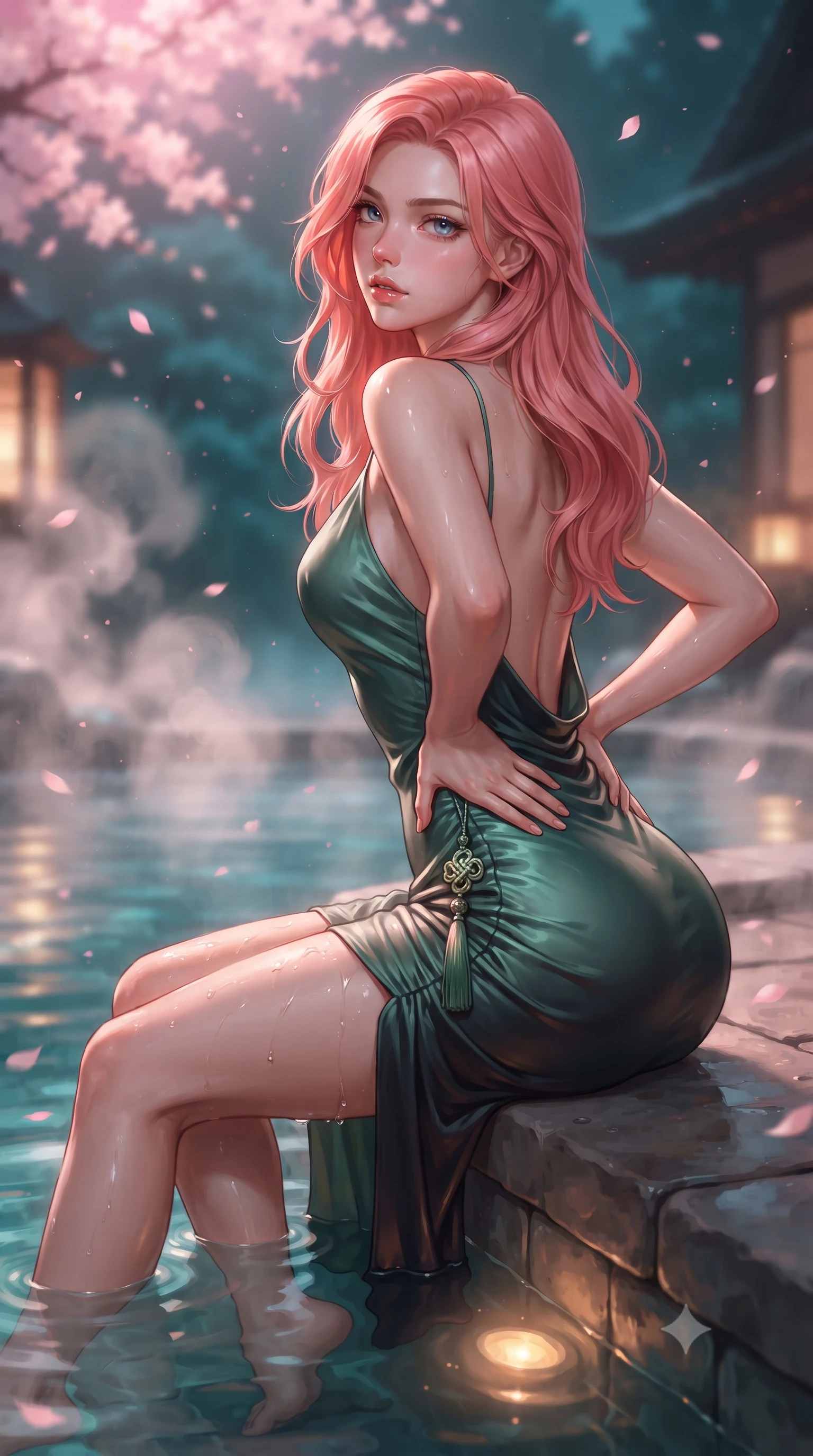 score_9, masterpiece, best quality, ultra-detailed, high-budget anime keyframe, editorial fashion photography, tasteful artistic composition, Japanese woman. close-up cowboy shot from the waist and thighs up, the character dominates the composition, filling the frame with her large presence. posing in an alluring rear three-quarter angle, arching her lower back in a pronounced S-curve with one hand on her hip, glancing seductively over her bare shoulder with parted glossy lips while sitting on the stone infinity pool edge with legs dipped in water, turning her upper body in an alluring S-curve toward the camera. The composition keeps background elements in soft focus with creamy bokeh. swirling thermal steam clouds and falling sakura petals blurred into soft blossom-pink, warm amber, and deep cyan bokeh. She has an exceptionally elegant, slender, and willowy female figure with an ultra-slim waist, a gracefully sculpted slender torso, toned flat midriff, and rounded feminine hips creating an alluring hourglass silhouette. sharp v-shaped jawline, high-bridge nose, intricate jewel-like eyes with depth, thick eyelashes, glossy parted lips with a natural sheen, intensely captivating and seductive bedroom-eyes expression, flawlessly proportioned anatomical accuracy, strict slender model proportions, natural body alignment, perfectly sculpted long slender limbs, ultra-slim waistline, clean dynamic posture without body distortion. wearing a form-contouring liquid satin slip dress with a deep cowl back and hip-defining ruching in jade green and dark obsidian, tailored from smooth liquid silk satin adhering seamlessly to her wet skin, accented with a glowing metallic norigae knot charm resting against her hip, the glove-like aerodynamic silhouette tightly following the natural contour of her hips and long slender legs with statuesque precision. bathed in soft pink cherry blossom ambient glow and warm underwater mineral pool lights. ultra-reflective glossy finish, specular highlights, rich textural contrasts, high-contrast stereoscopic depth, volumetric dynamic lighting, 2k, ultra detail, master piece, 9:16 ratio