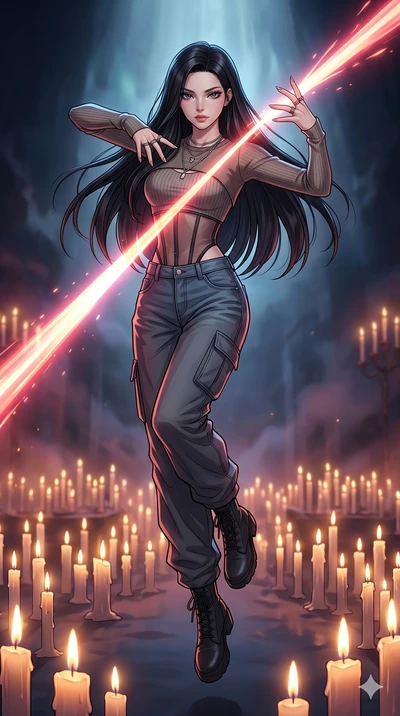score_9, masterpiece, best quality, ultra-detailed, high-budget anime movie keyframe, cinematic anime lighting, intricate line art, Caucasian (strictly human ears) woman. Mid-air action shot capturing a graceful twist and vertical silhouette. manipul