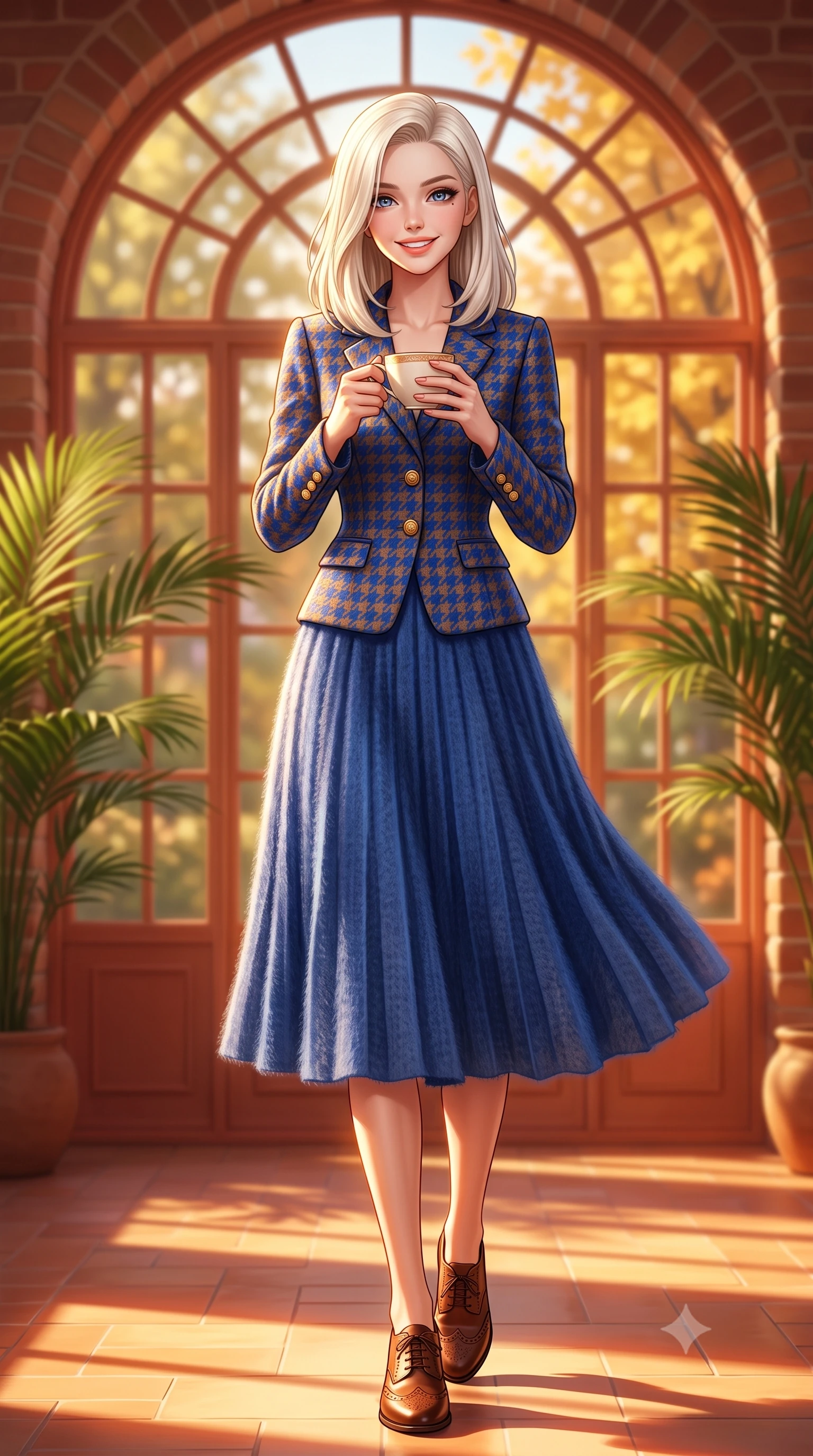score_9, masterpiece, best quality, ultra-detailed, high-budget anime keyframe, semi-realistic 3D game render, editorial fashion photography, tasteful artistic composition, Caucasian woman. close-up cowboy shot from the waist and thighs up, the character dominates the composition, filling the frame with her large presence. holding a warm porcelain cup in both hands while tilting her head with an enchanting, beaming smile while walking along the sunny brick arched gallery, her wool pleated skirt swaying in graceful cadence with each step. The background shows a soft-focus arched multi-pane conservatory windows, lush potted palm fronds, and golden maple trees outside blurred into honey, terracotta, and olive bokeh. She has an exceptionally elegant, slender, and willowy female figure with an ultra-slim waist, flat toned midriff, narrow ribcage, and sculpted feminine hips creating an alluring, slim hourglass silhouette without bulk. sharp v-shaped jawline, high-bridge nose, intricate jewel-like sparkling eyes with depth, thick eyelashes, glossy parted lips with a natural peach sheen, bright cheerful beaming smile with an enchanting and coquettish sensual glint, exuding both youthful cute charm and seductive allure, flawlessly proportioned anatomical accuracy, strict slender model proportions, natural body alignment, perfectly sculpted long slender limbs, ultra-slim waistline, clean dynamic posture without body distortion. wearing a structured houndstooth tweed jacket with gold embossed buttons and a matching pleated A-line midi skirt in royal sapphire blue and antique brushed bronze, woven from plush alpaca yarn with a cloud-like fuzzy texture and soft halo, complemented by classic polished leather oxfords with brogue perforations, the sharp shoulder tailoring and gently nipped waist framing her slender torso with pristine sartorial perfection. illuminated by terracotta floor reflection fill and warm golden rim lights defining her delicate collar and willowy silhouette. highly saturated vibrant anime colors, detailed shading with soft gradients, rich glossy textures, high-contrast stereoscopic depth, volumetric dynamic lighting, master piece, 9:16 ratio