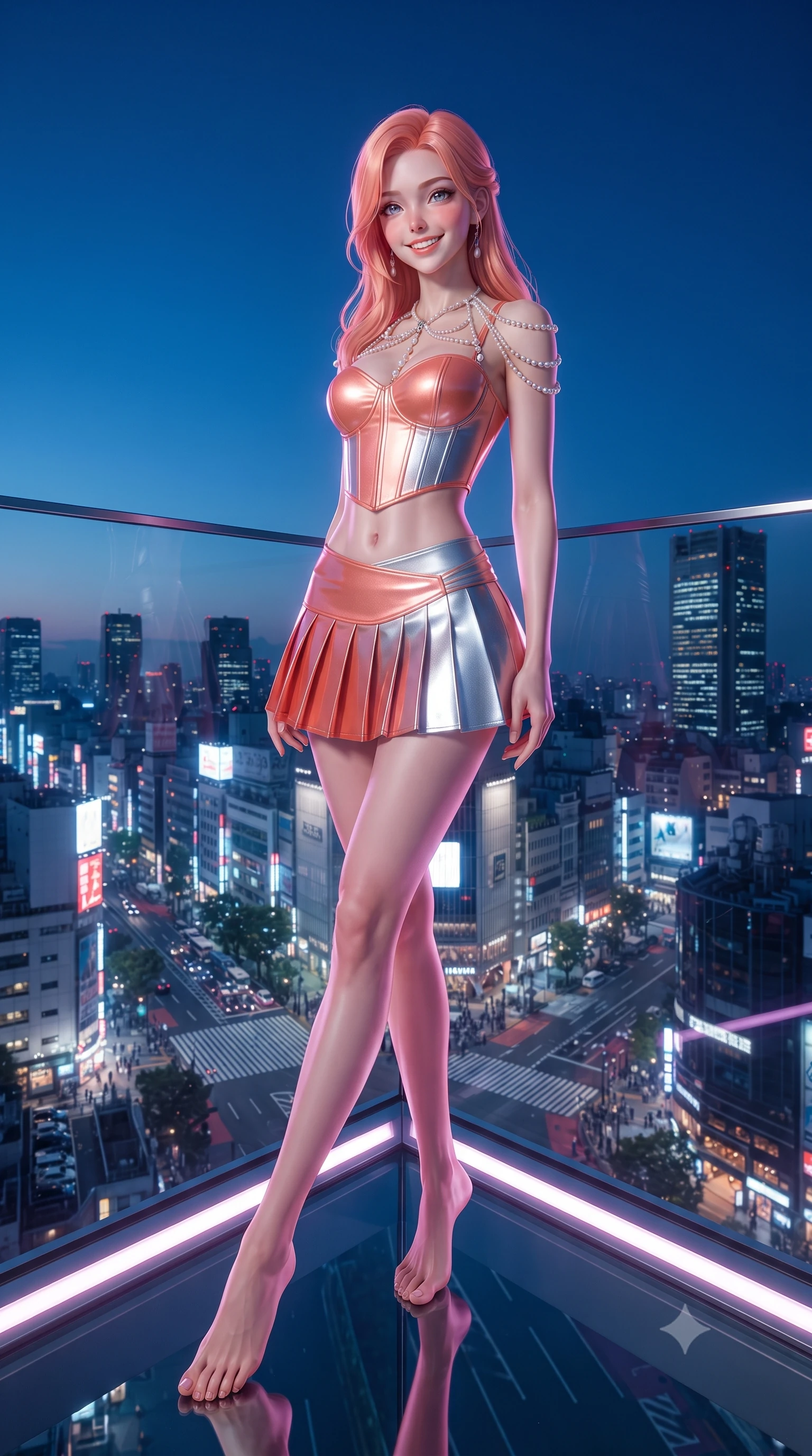 score_9, masterpiece, best quality, ultra-detailed, high-budget anime keyframe, editorial fashion photography, tasteful artistic composition, Japanese woman. low angle full-body shot from head to toe showing her feet, filling the entire 9:16 vertical frame with her statuesque presence, stretching her vertical silhouette. reclining gracefully across the plush chaise lounge with one leg extended, her sculpted silhouette and flat midriff radiating magnetic nocturnal glamour while standing poised on the glass corner platform 230 meters above Shibuya, arching her spine with supermodel poise as twilight deepens. The surrounding environment is rendered in vivid detail and crisp panoramic clarity: detailed cheongsam-inspired mini dress weave, high-slit seam borders, and Tokyo megalopolis infrastructure in razor-sharp precision. She has an exceptionally tall and slender model-like 8.5-heads proportion, an ultra-slim waist, a flat toned midriff, narrow delicate ribcage, and beautifully sculpted feminine hips creating a graceful, slim hourglass silhouette without any bulky heaviness, with impossibly long slender legs. sharp v-shaped jawline, high-bridge nose, intricate jewel-like sparkling eyes with depth, thick eyelashes, glossy parted lips with a natural peach sheen, bright cheerful beaming smile with an enchanting and coquettish sensual glint, exuding both youthful cute charm and seductive allure, flawlessly proportioned anatomical accuracy, strict slender model proportions, natural body alignment, perfectly sculpted long slender limbs, ultra-slim waistline, clean dynamic posture without body distortion. wearing a structured metallic corset crop top with boned waist paired with a low-rise pleated metallic micro-skirt in French Riviera sunset coral and starlight silver, crafted from high-tensile reflective patent leather with sleek specular highlights, accented with a pearl-drop body harness subtly framing her dewy collarbones and spine, the high-slit wrap tailoring accentuating her ultra-slim waistline and the enchanting curve of her feminine hips with alluring seductive charm. illuminated by rooftop edge LED strip lights and crisp platinum-magenta rim lights sculpting her jawline, flat midriff, and curvy hips. ultra-reflective glossy finish, specular highlights, rich textural contrasts, high-contrast stereoscopic depth, volumetric dynamic lighting, 2k, ultra detail, master piece, 9:16 ratio