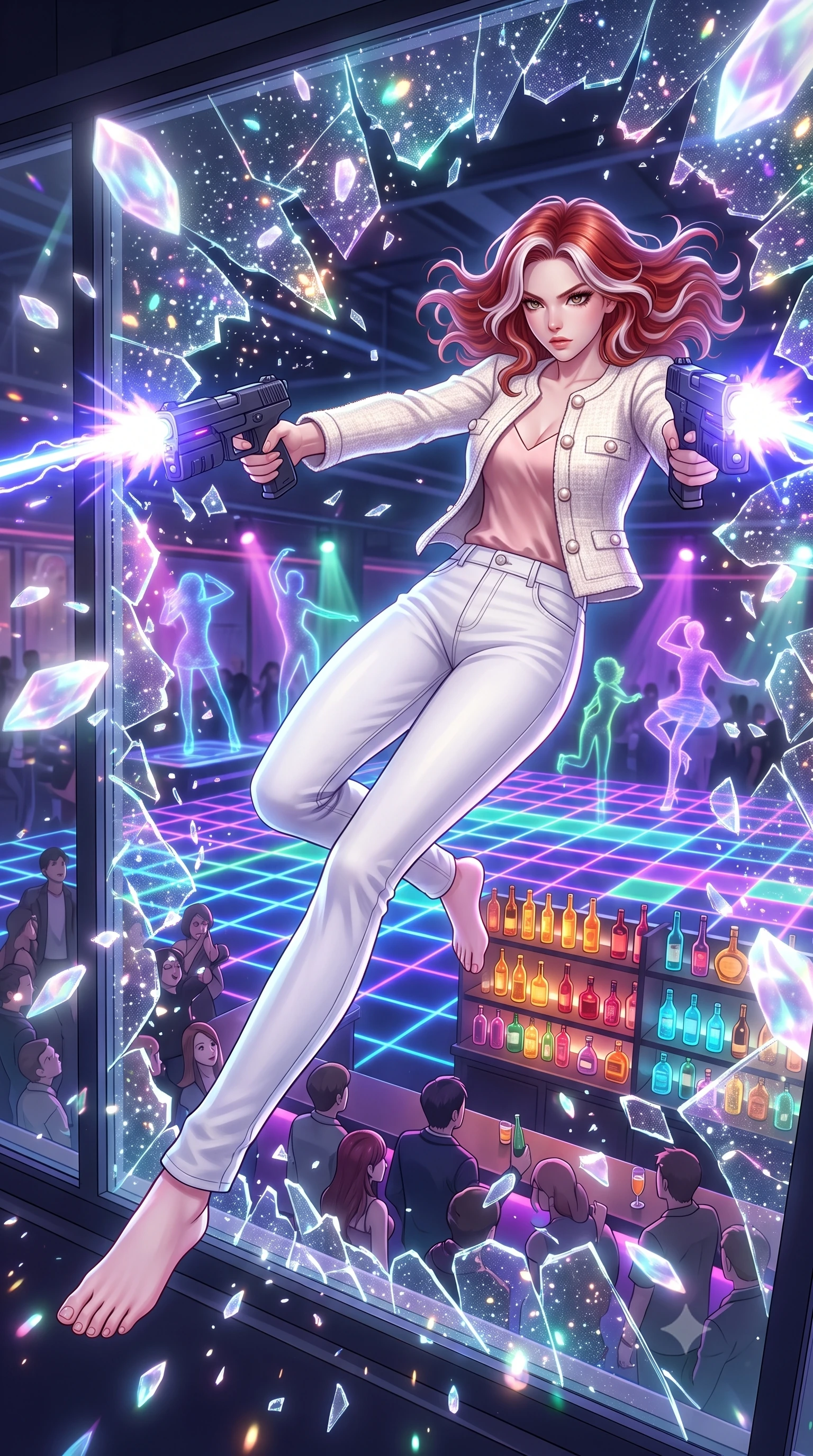 score_9, masterpiece, best quality, ultra-detailed, high-budget anime keyframe, editorial fashion photography, tasteful artistic composition, Caucasian woman, strictly human ears. low angle full-body shot from head to toe showing her feet, filling the entire 9:16 vertical frame with her statuesque presence, stretching her vertical silhouette. diving sideways through a breaking glass window while shooting her plasma blasters inside a crowded underground bar with a neon grid dance floor, holographic dancers floating above a bar lined with colorful glowing bottles. She has a statuesque 8.5-heads proportion, an exceptionally tall, slender and willowy model-like build with impossibly long legs and a highly sculpted ultra-slim waist. sharp v-shaped jawline, high-bridge nose, intricate jewel-like eyes with depth, thick eyelashes, glossy lips with a natural sheen. wearing catching and diffusing the glowing particles, shimmering softly in response to the surrounding light, a form-contouring structured ivory tweed jacket with pearl buttons over a blush pink silk camisole and white denim trousers. highly saturated vibrant anime colors, intense vivid color palette, soft 3D volumetric shading, volumetric dynamic lighting, ethereal pearlescent light emanating from floating crystalline formations all around. 2k, ultra detail, master piece, 9:16 ratio